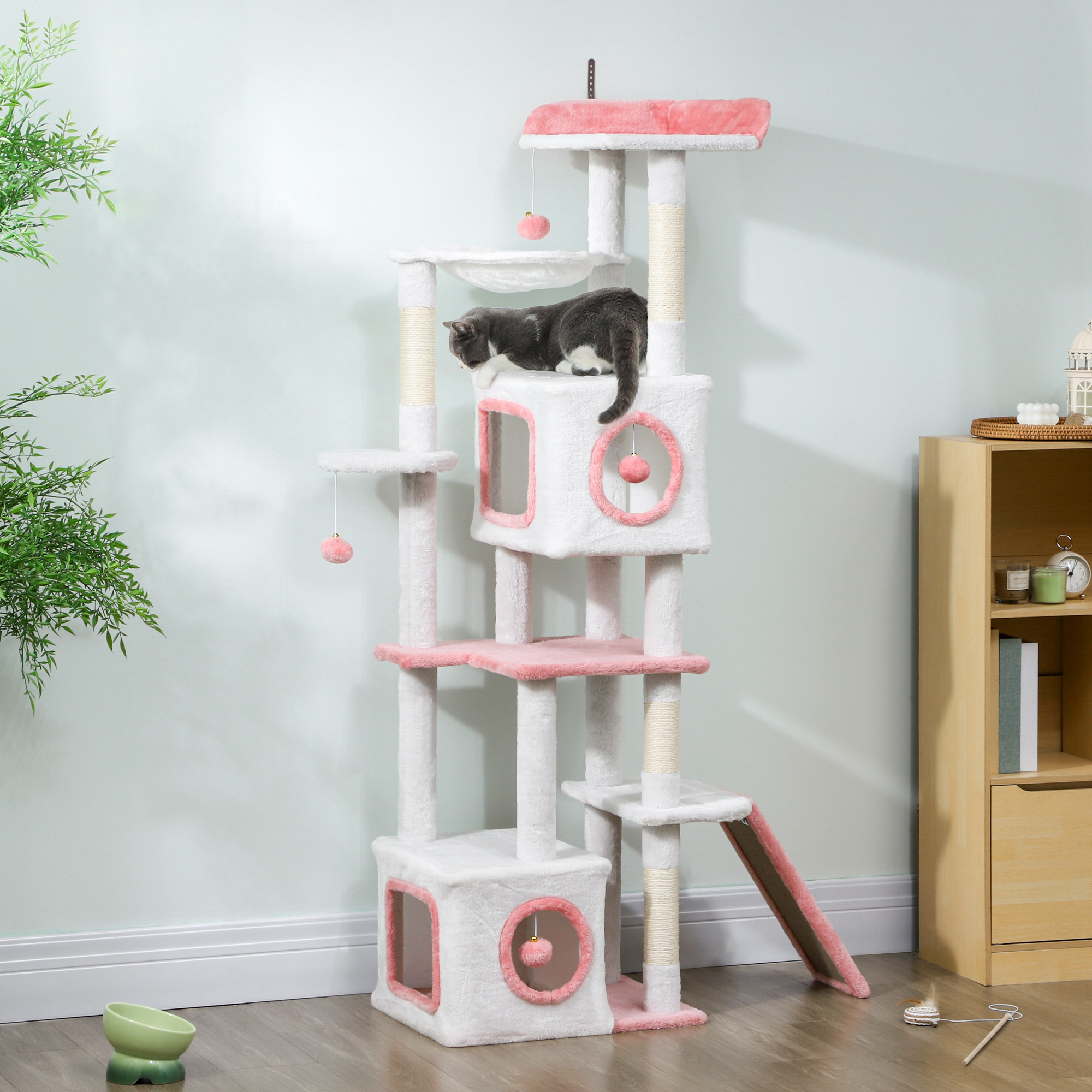 65 Inch Cat Tree with 2 Doors Condos, Plush Top Perch, Hammock, Sisal Scratching Posts, 4 Pompoms, Ramp, White