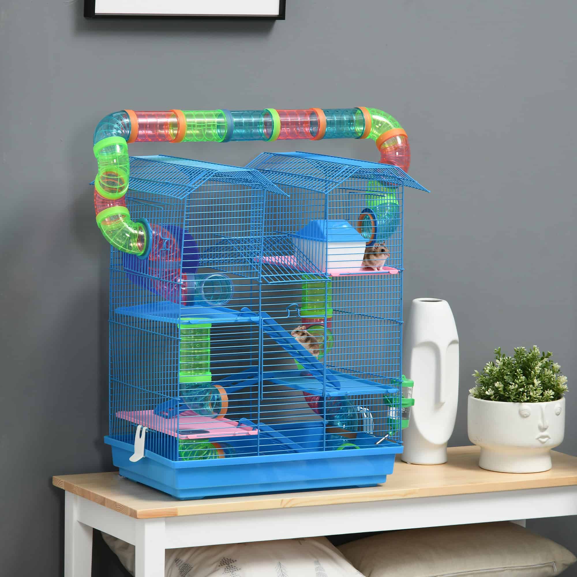 18.5" Hamster Cage, 5 Tiers Small Animal House with Tunnel Tube System, Exercise Wheel, Water Bottle, Blue