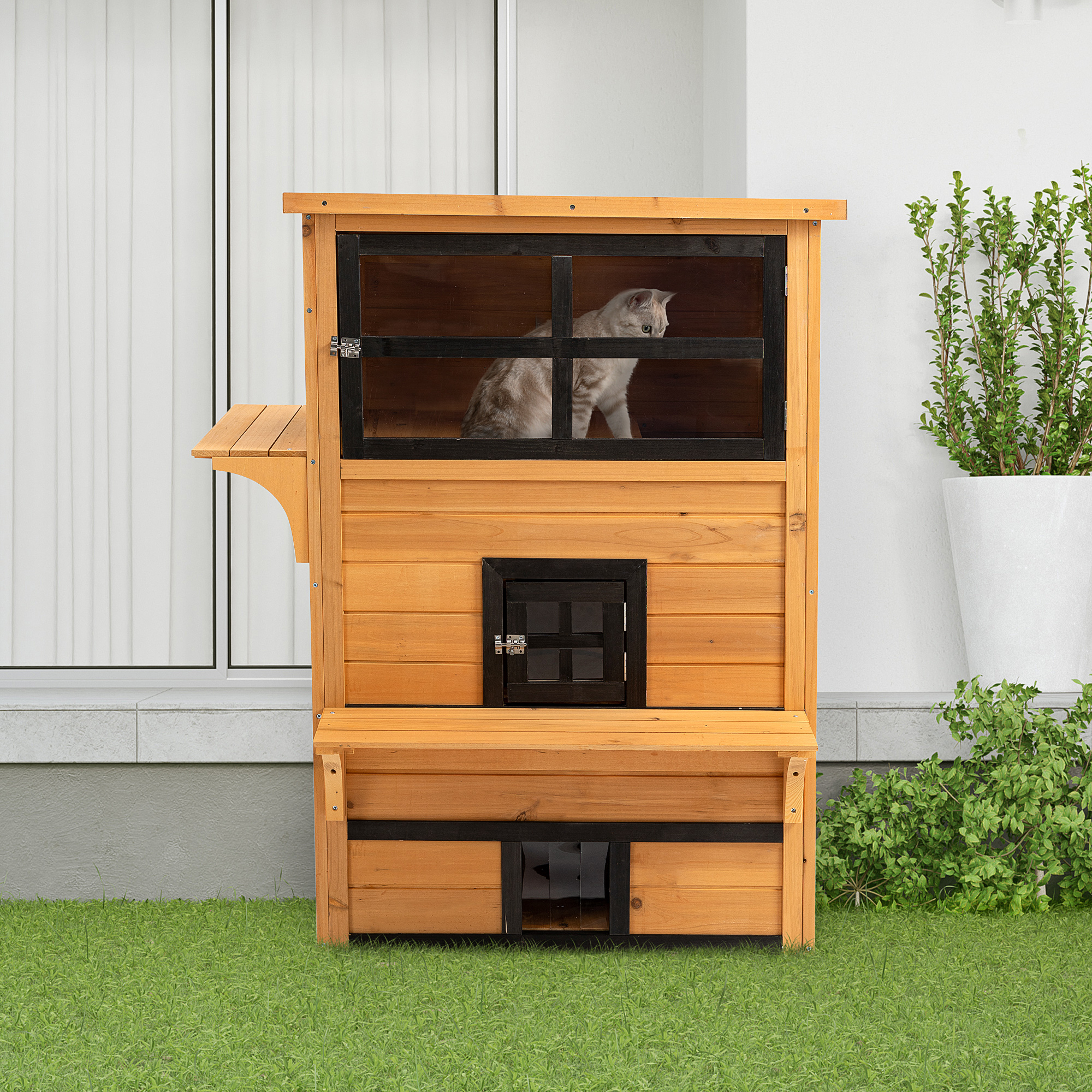 Cat House, Outdoor 3-Tier Kitty Shelter, Weather Resistant, w/ Escape Door
