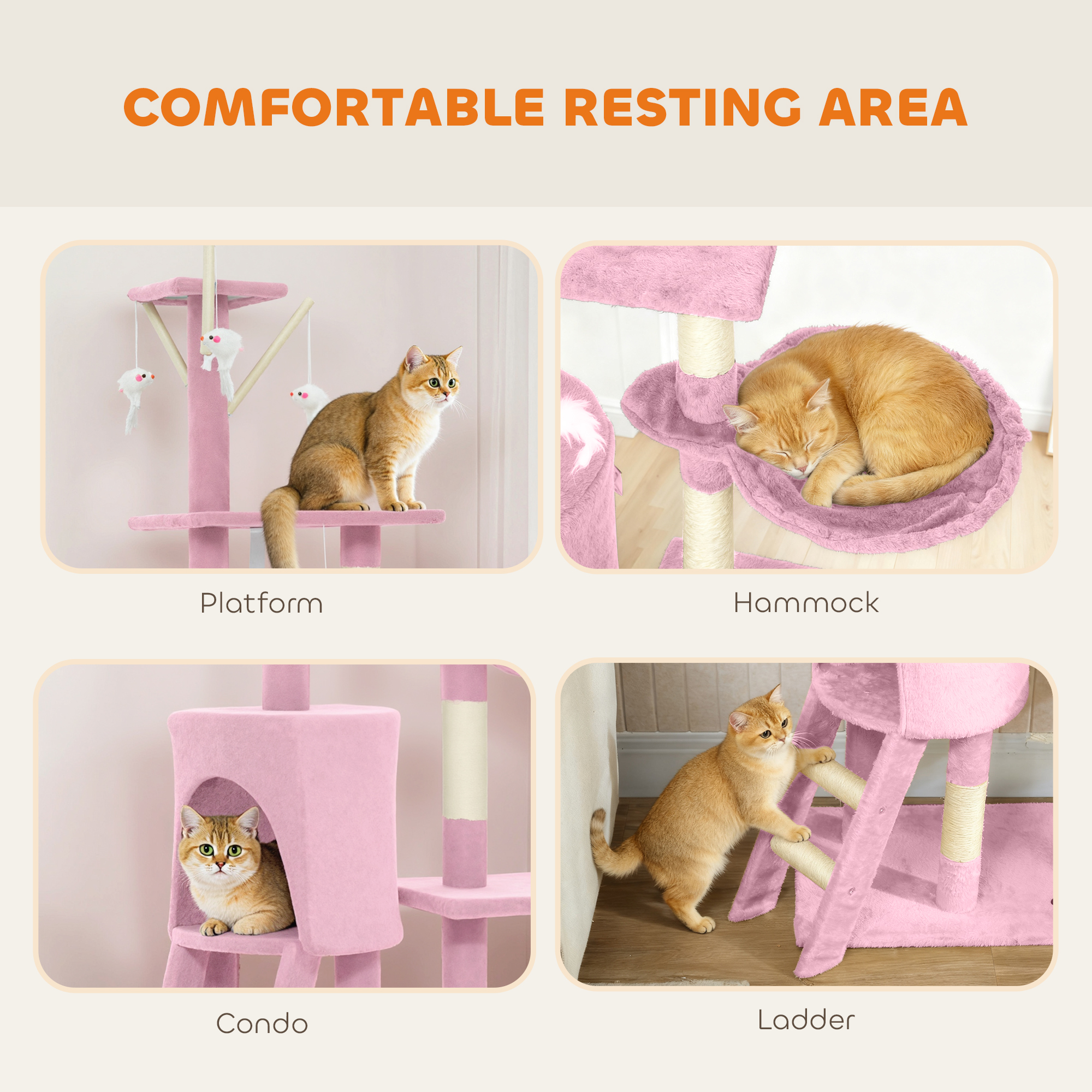 53" Cat Tree Tower, Kitten Activity Centre with Scratching Posts, Condo, Perches, Ladder, Hammock, Dangling Toys, Pink