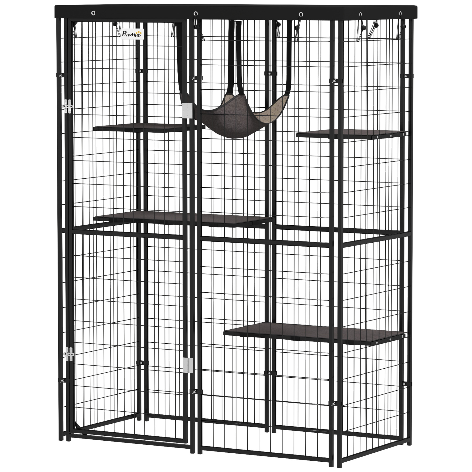 Metal Cat Cage with Waterproof Cover, 4 Platforms, Hammock, Washable Cushions for 1-3 Kittens, 46.5" x 22" x 62", Black