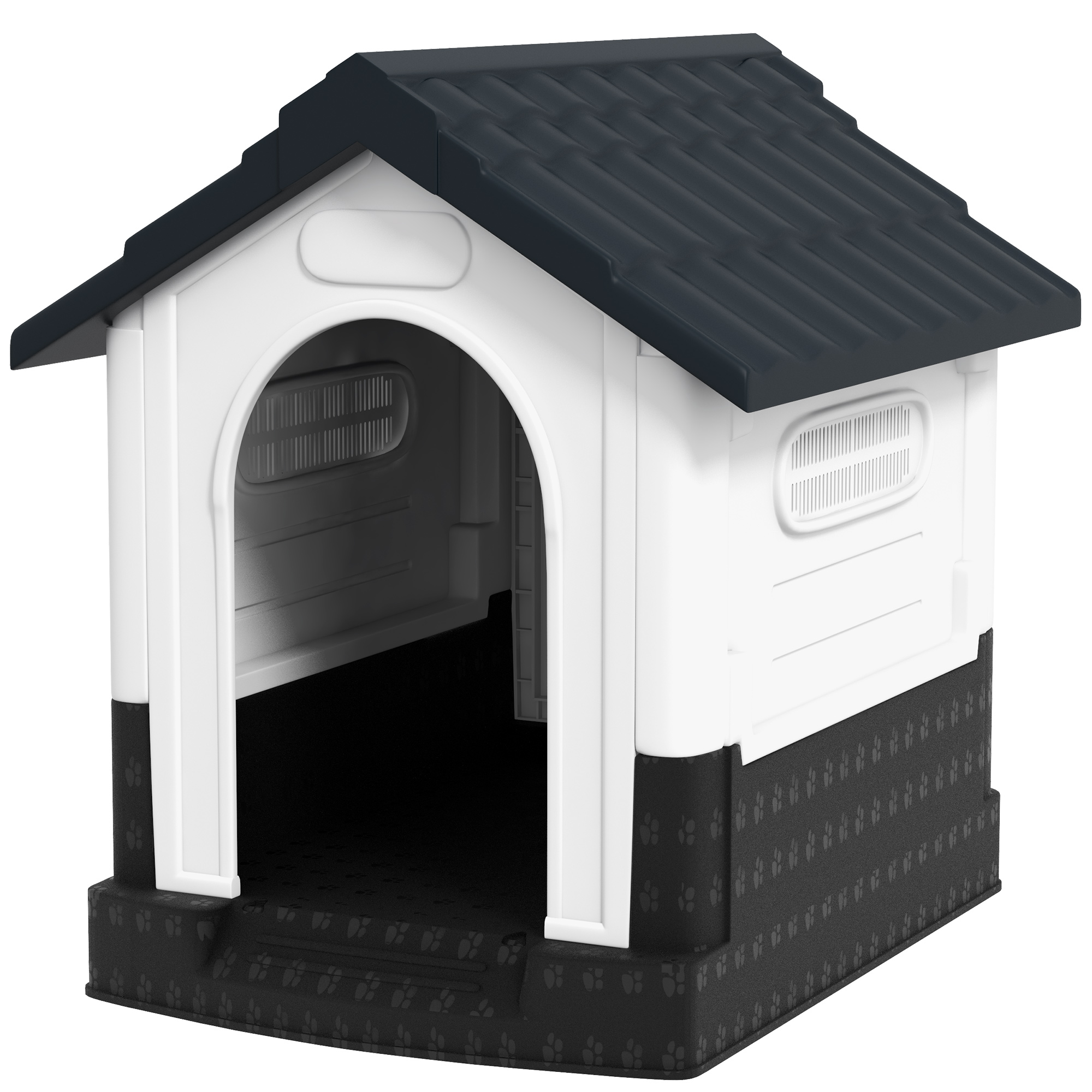 Outside Dog Kennel House with Windows, Base Support, for Garden Patio, Miniature Dogs, 64.5 x 57 x 66cm, Dark Grey