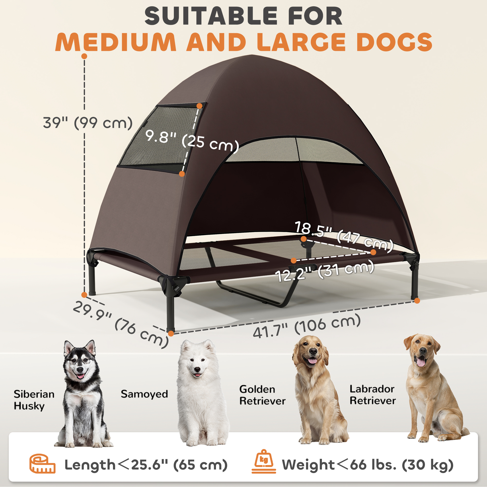 Elevated Dog Bed with Canopy Raised Dog Bed Washable Mesh Steel Frame 41.7" x 29.9" x 39" Coffee - Image 3
