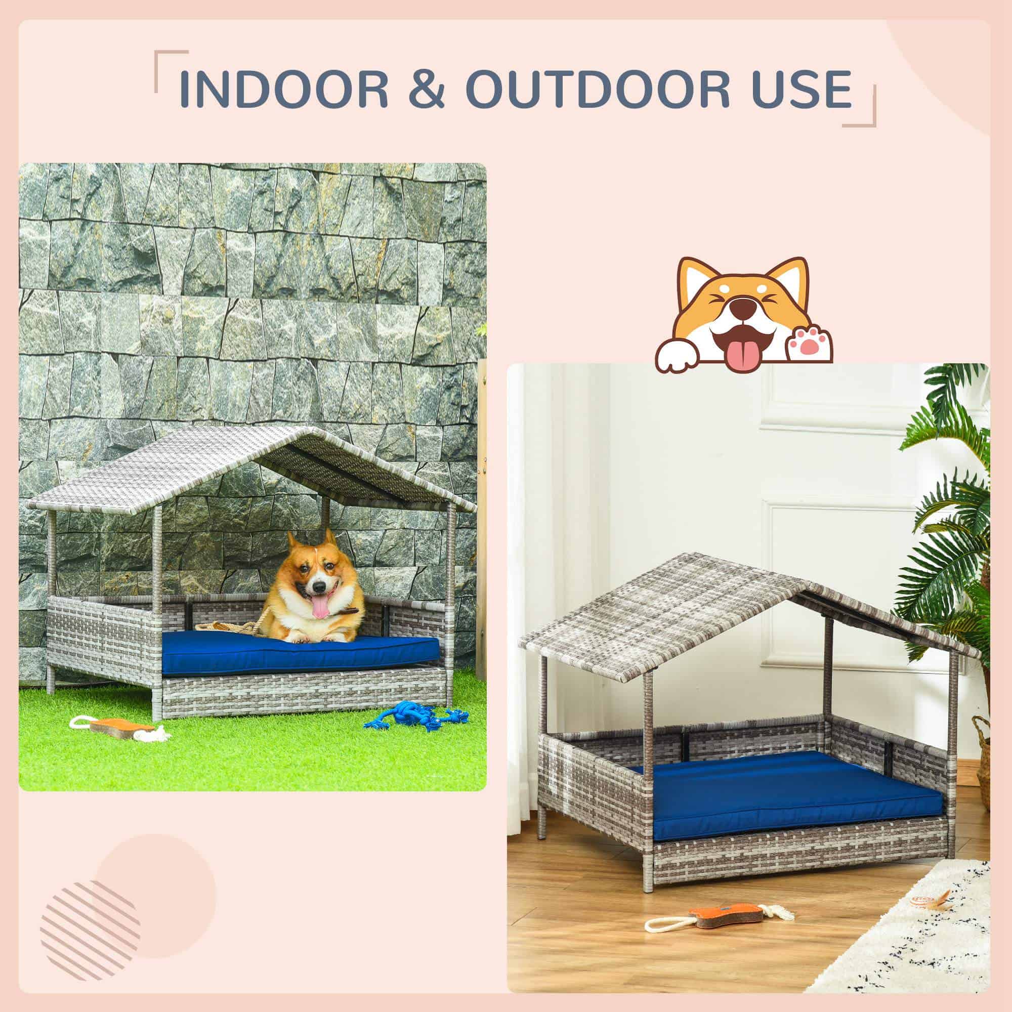 Rattan Dog House with Canopy, Wicker Dog Bed with Water-Resistant Cushion, for Small and Medium Breeds Dark Blue