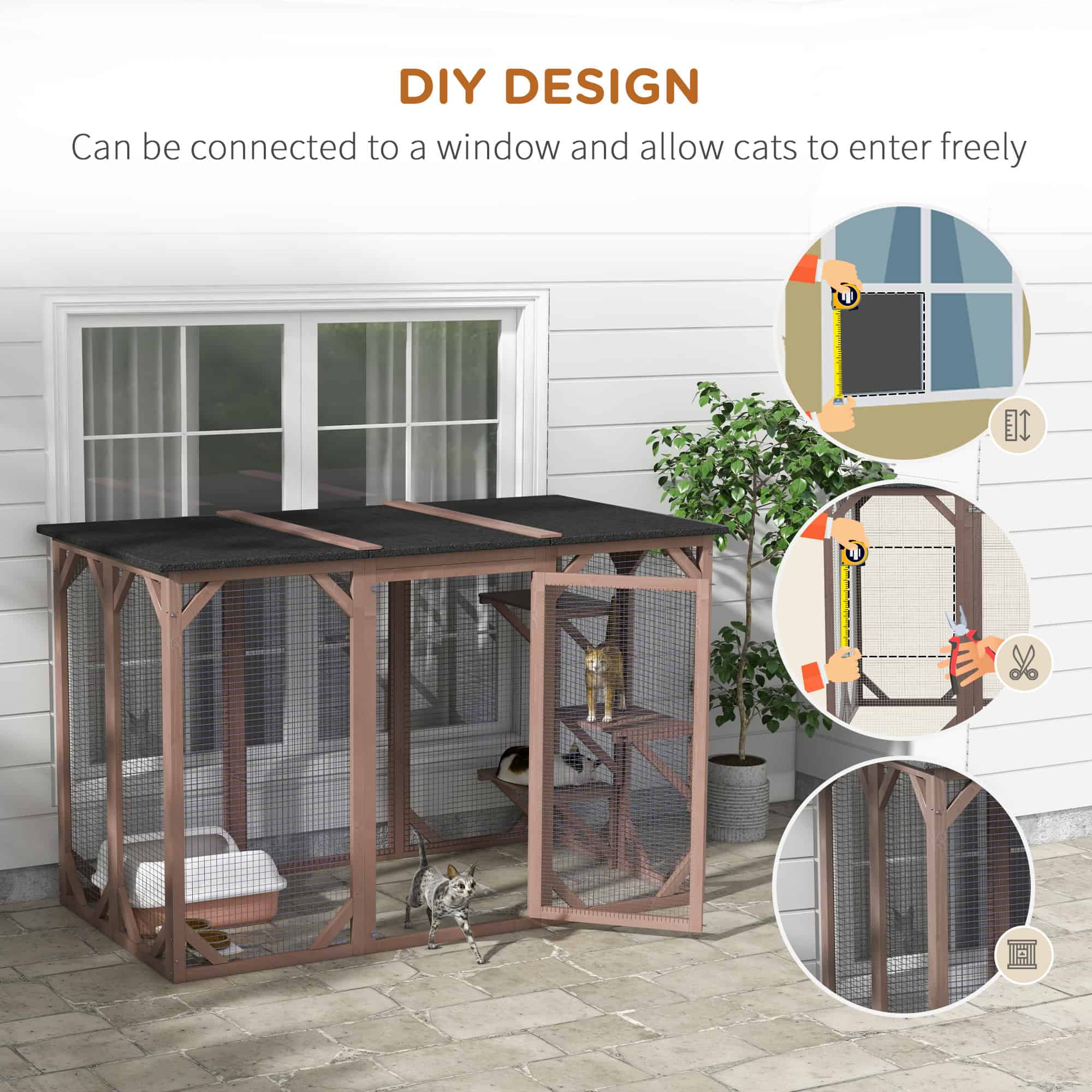 71"L Catio Outdoor Cat Enclosure, Indoor Cat Cage, Pet House, Small Animal Hutch for 1-2 Rabbit, Kitten, Kitty Crate Kennel w/ Waterproof Roof, Multi-Level Platforms, Brown - Image 4