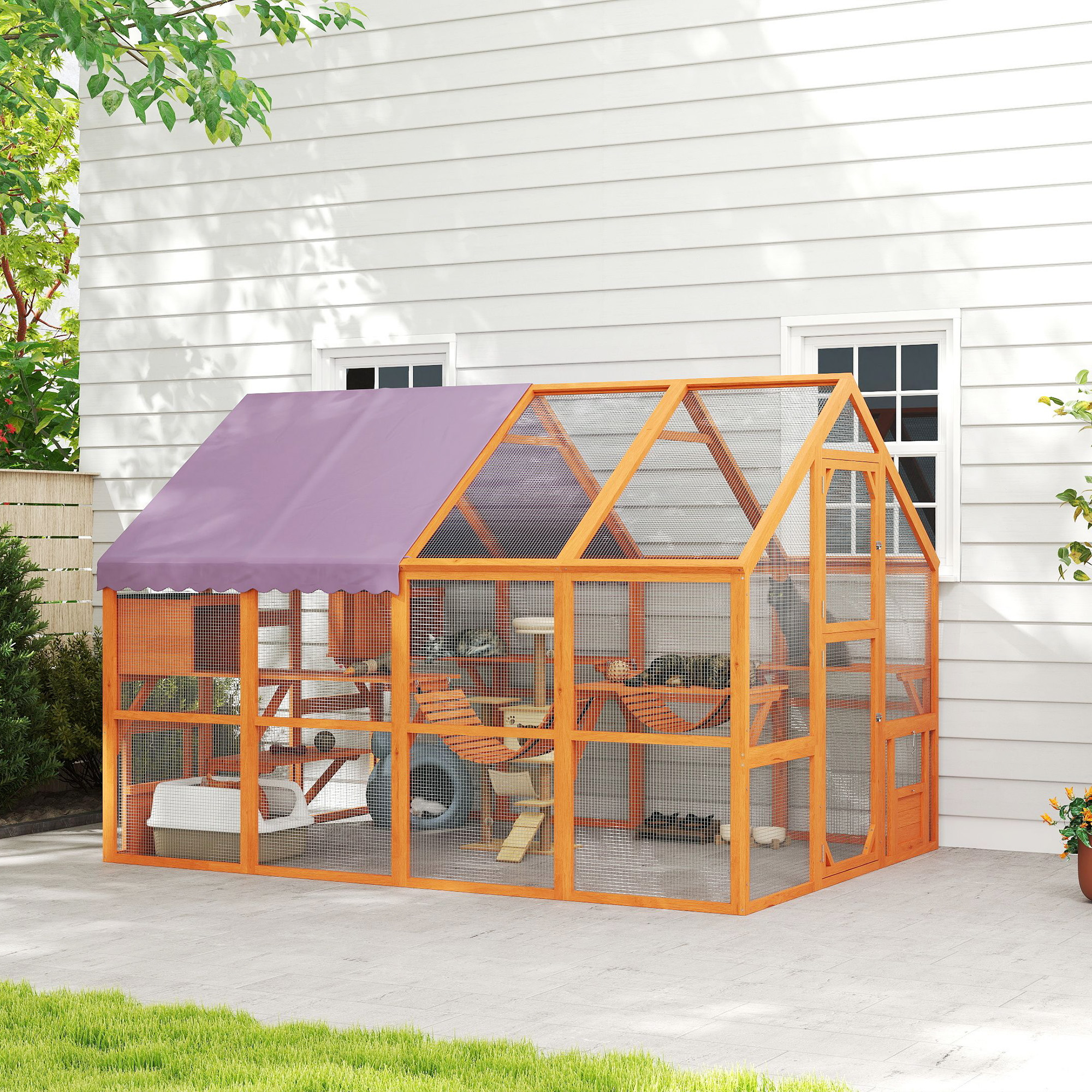 Outdoor Cat Enclosure Wooden Feral Cat House w/ Weatherproof Canopy, Bridges, Resting Boxes, Platforms, for 3-6 Cats