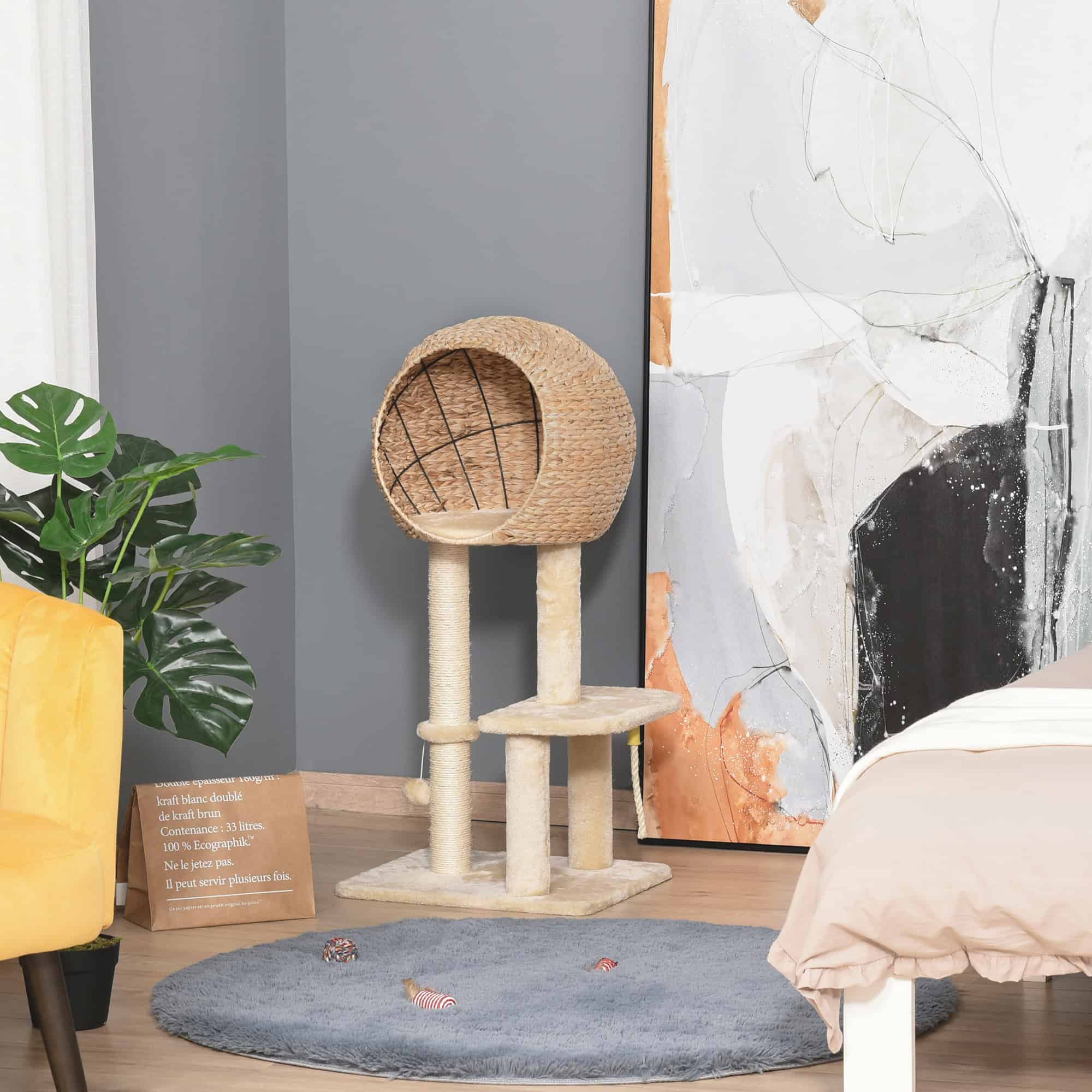 39" H Cat Tree with Sisal Scratching Post, Condo, Plush Perch, Hanging Rope and Hanging Ball, Beige
