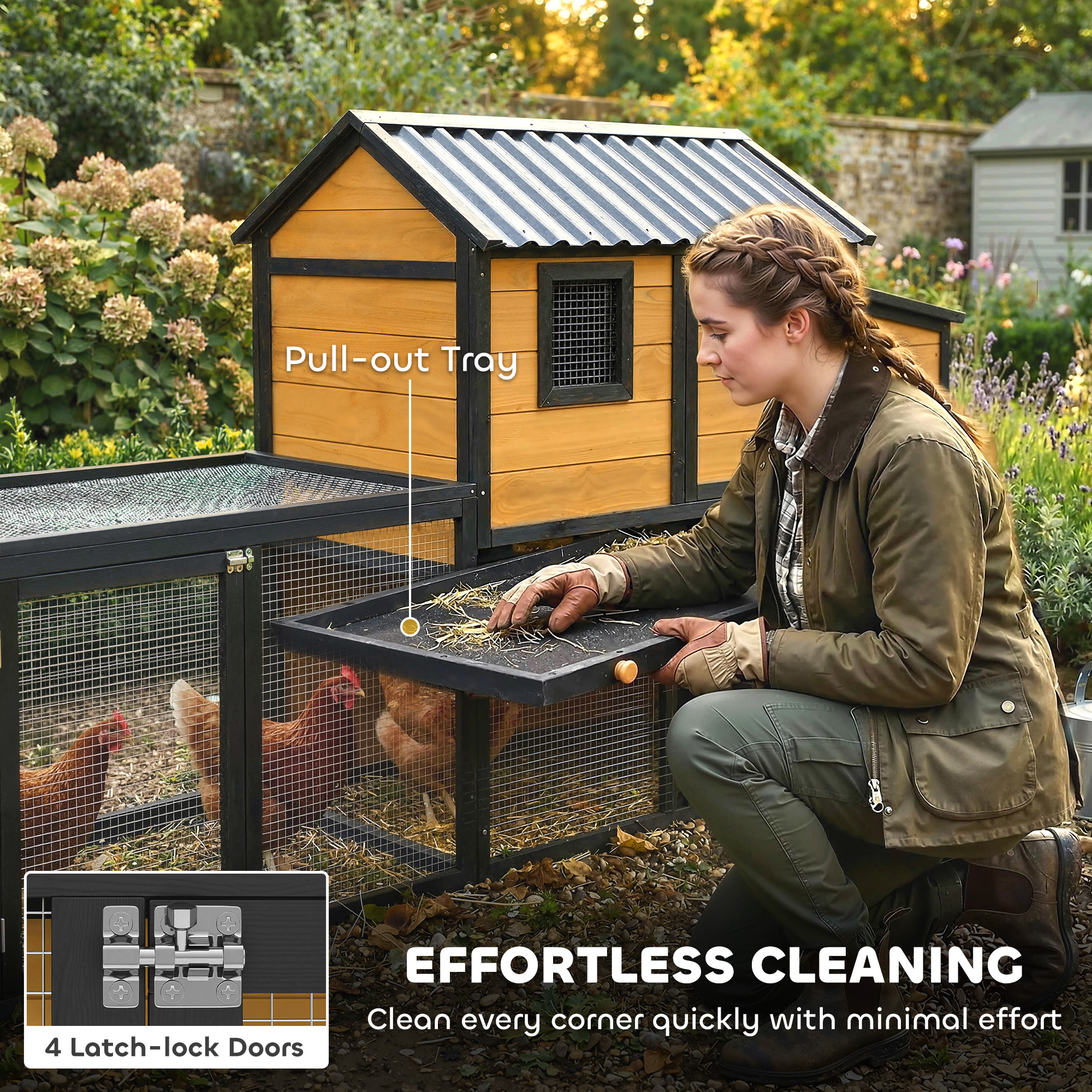 Large Chicken Coop, 134"L Wooden Chicken House with Run, Nesting Box, Slide-Out Tray, Waterproof Roof and Ramp - Image 6