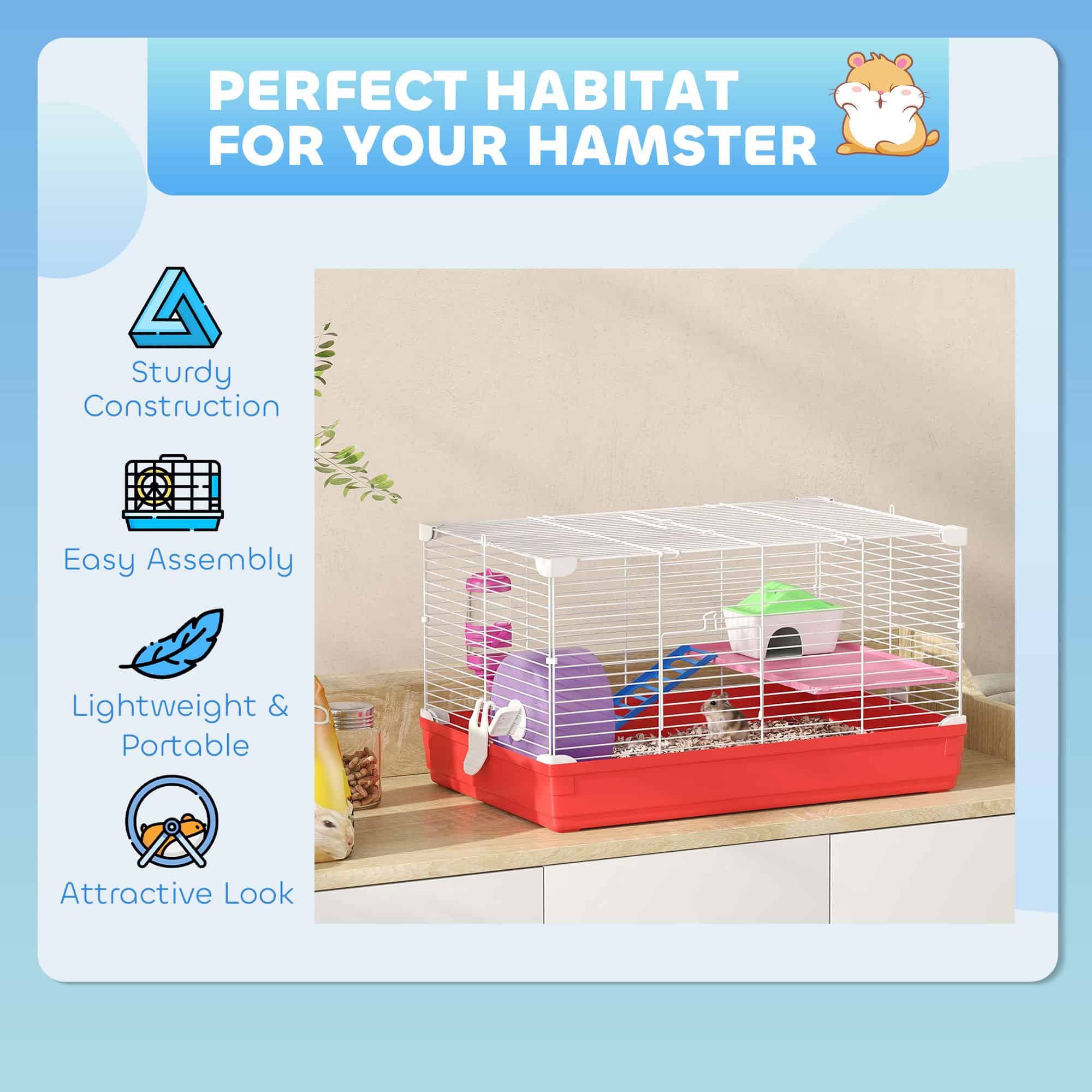 18.5'' Hamster Cage with Exercise Wheel and Water Bottle Dishes, Rat House and Habitats 2 Storey Design, Red