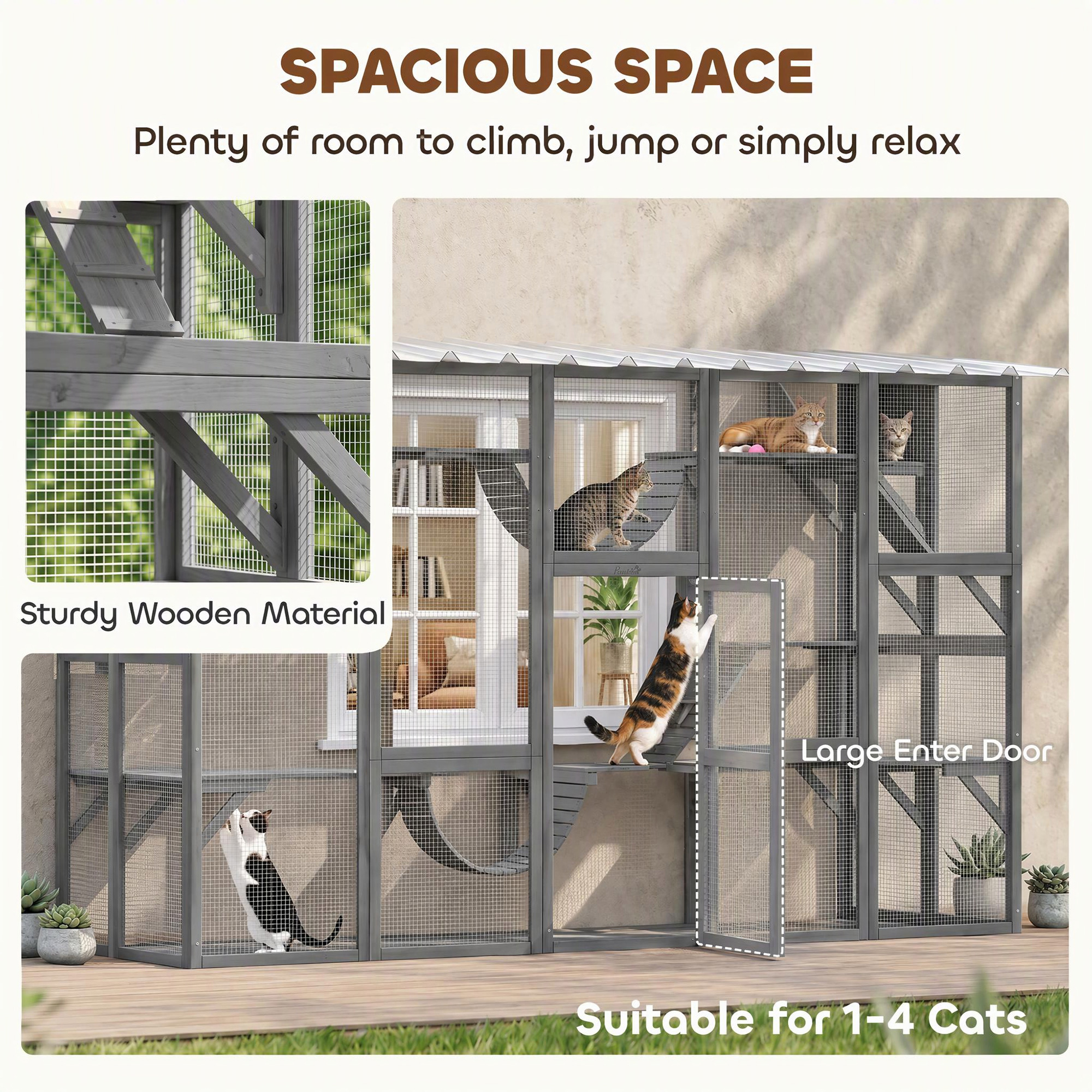 Large Outdoor Catio with Condos, Platforms, Doors, Ladders, Weather-Resistant Roof, Grey