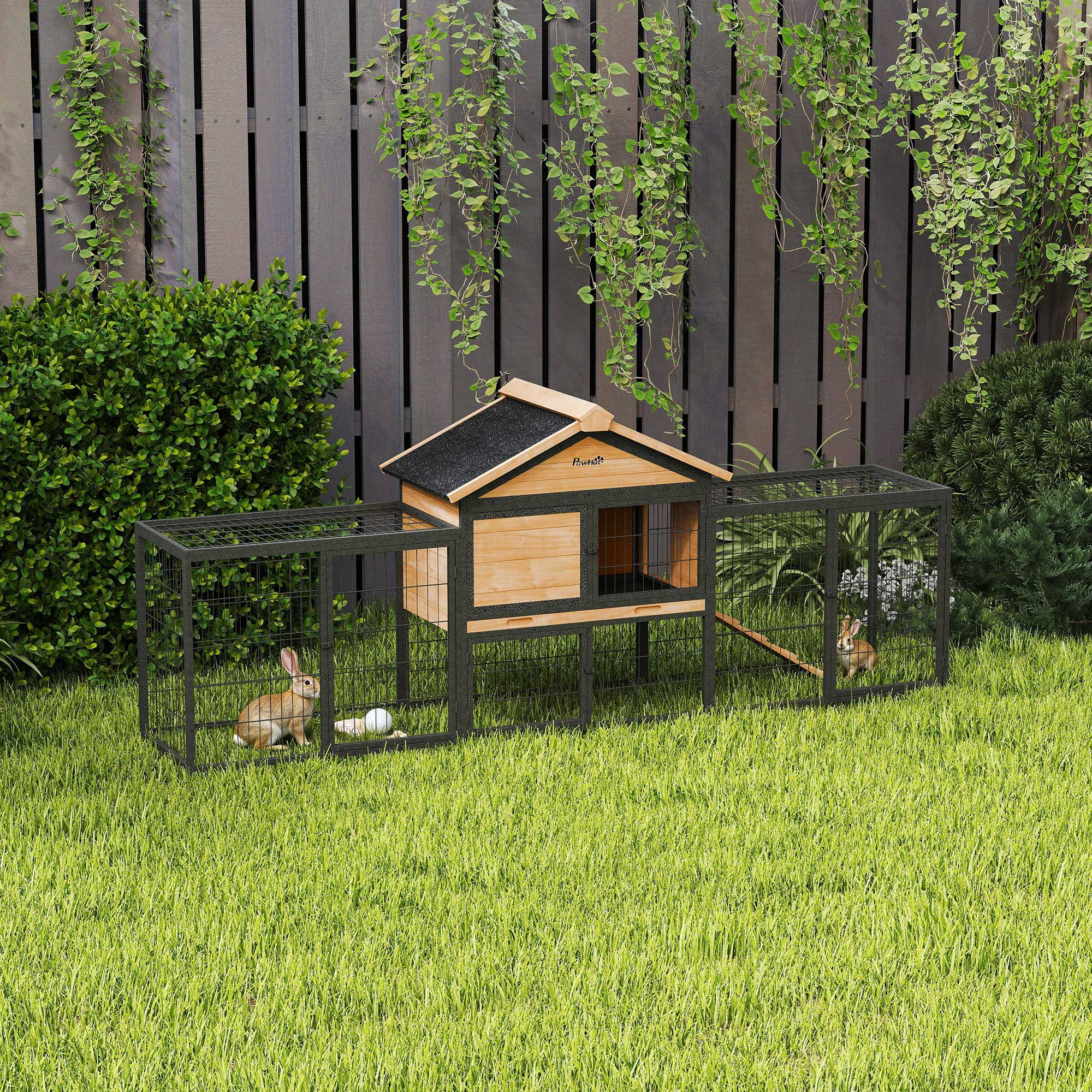 Rabbit Hutch Outdoor, 85"L Large Wooden Bunny Cage with Run Box, Removable Plastic Tray, Asphalt Roof, Ramp, Yellow