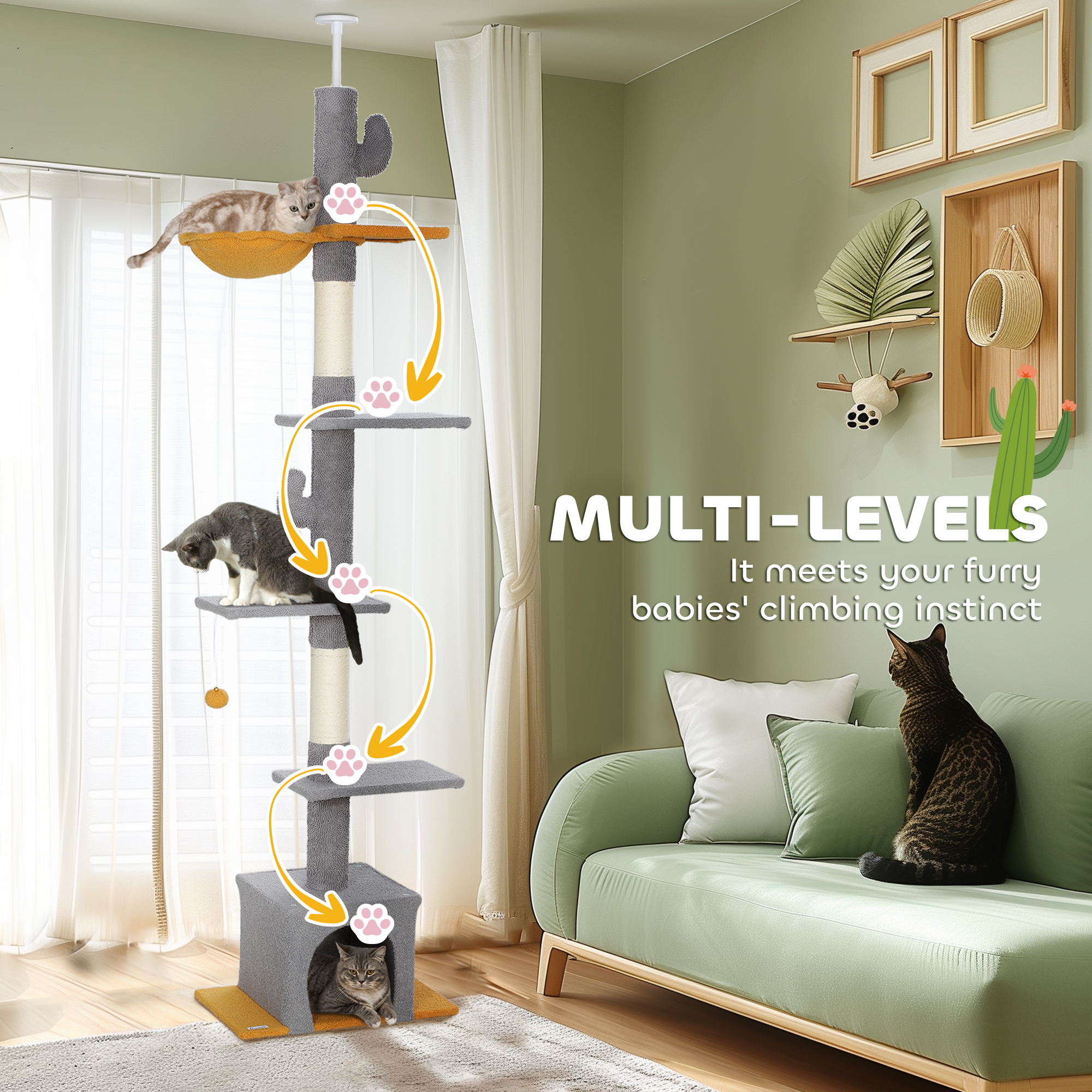 Floor to Ceiling Cat TreeTower with 90.5"-108" Adjustable Height, Scratching Posts, Hammock, Comdo, Toy Ball, Light Grey - Image 6