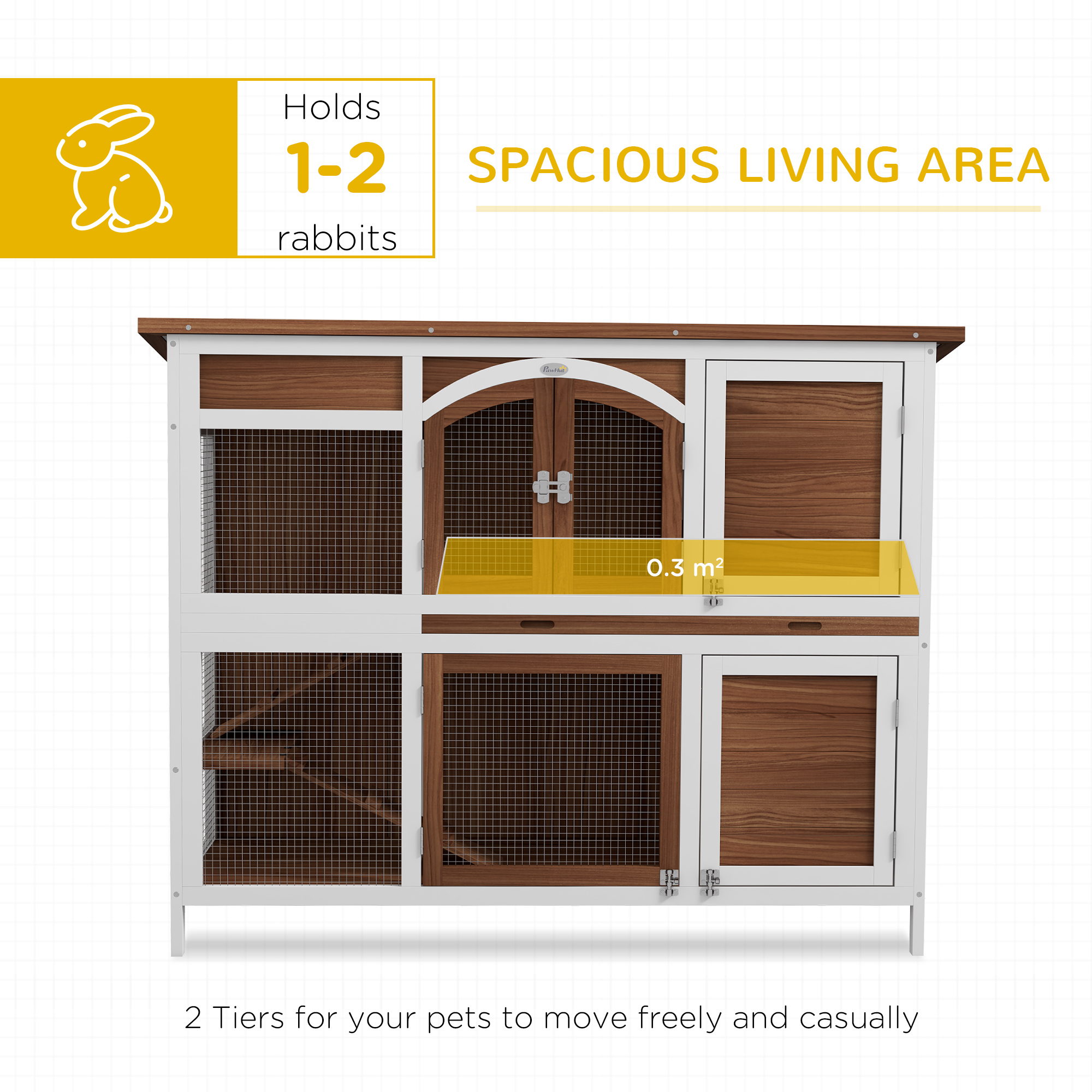 Two-Tier Wooden Rabbit Hutch with Openable Roof, Slide-Out Tray