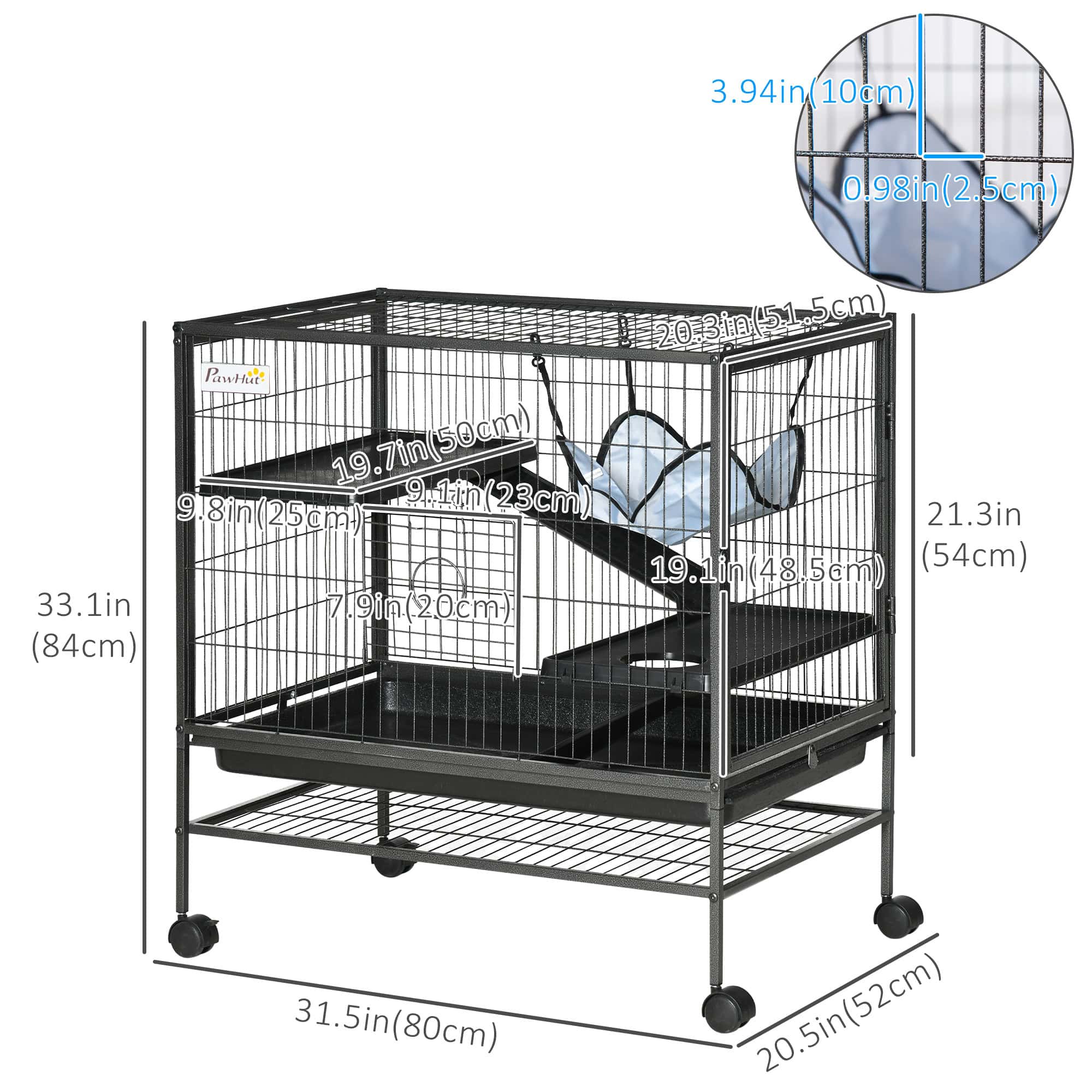 Small Animal Cage with Hammock, 3-Tier Ferret Cage Removable Tray