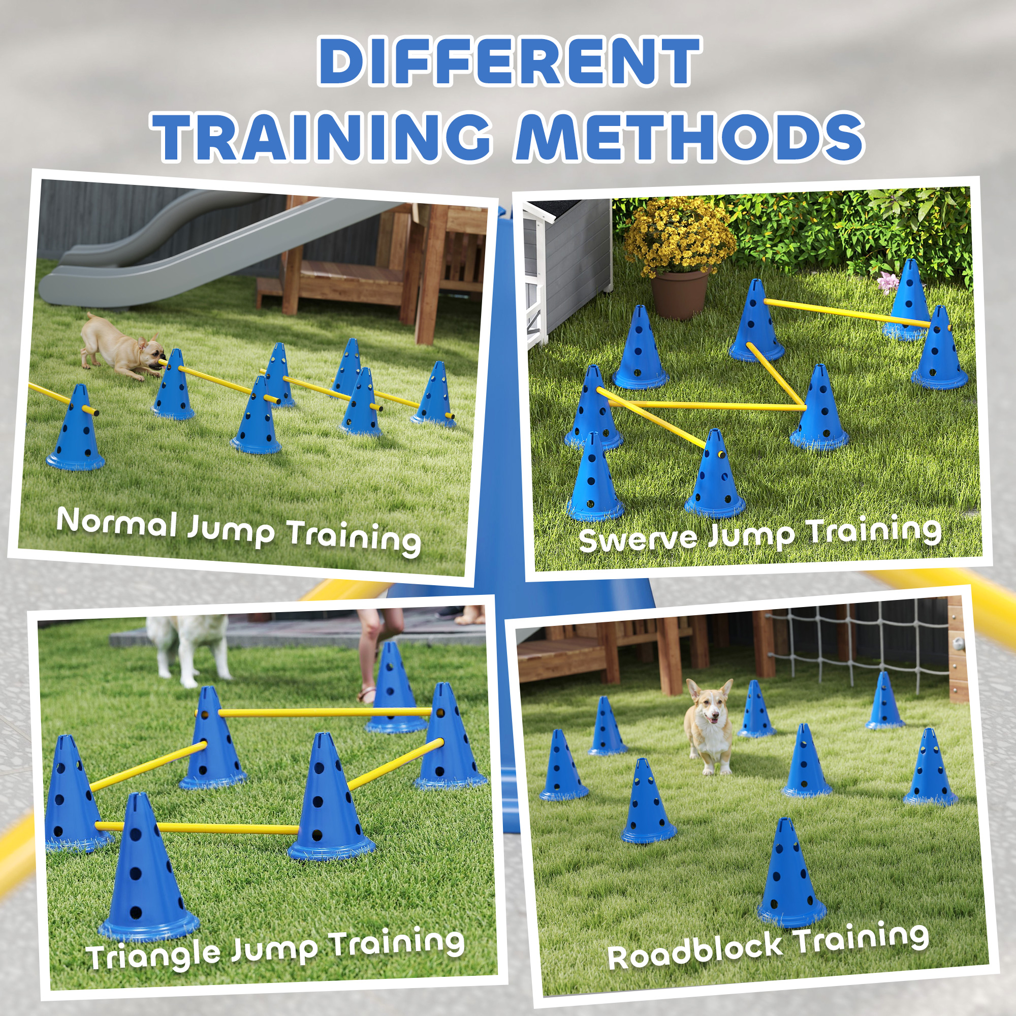Dog Agility Hurdle Cone Set, Adjustable Obstacle Course Equipment with 8 Cones & 8 Poles, Carry Bag, Blue