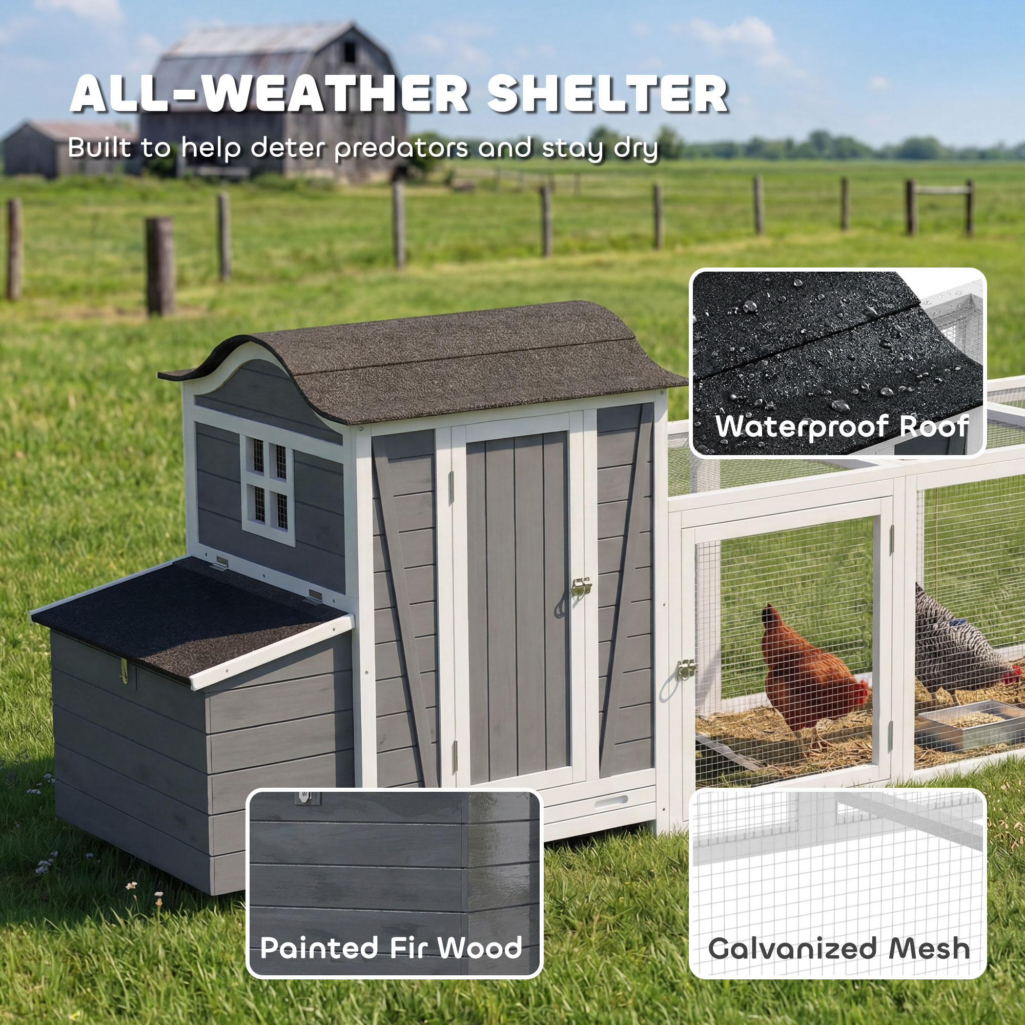 118"L Chicken Coop, Large Wooden Hen House with Run, Pull-Out Tray, Waterproof Roof, Nesting Box, Swing, Roosting Bars - Image 5