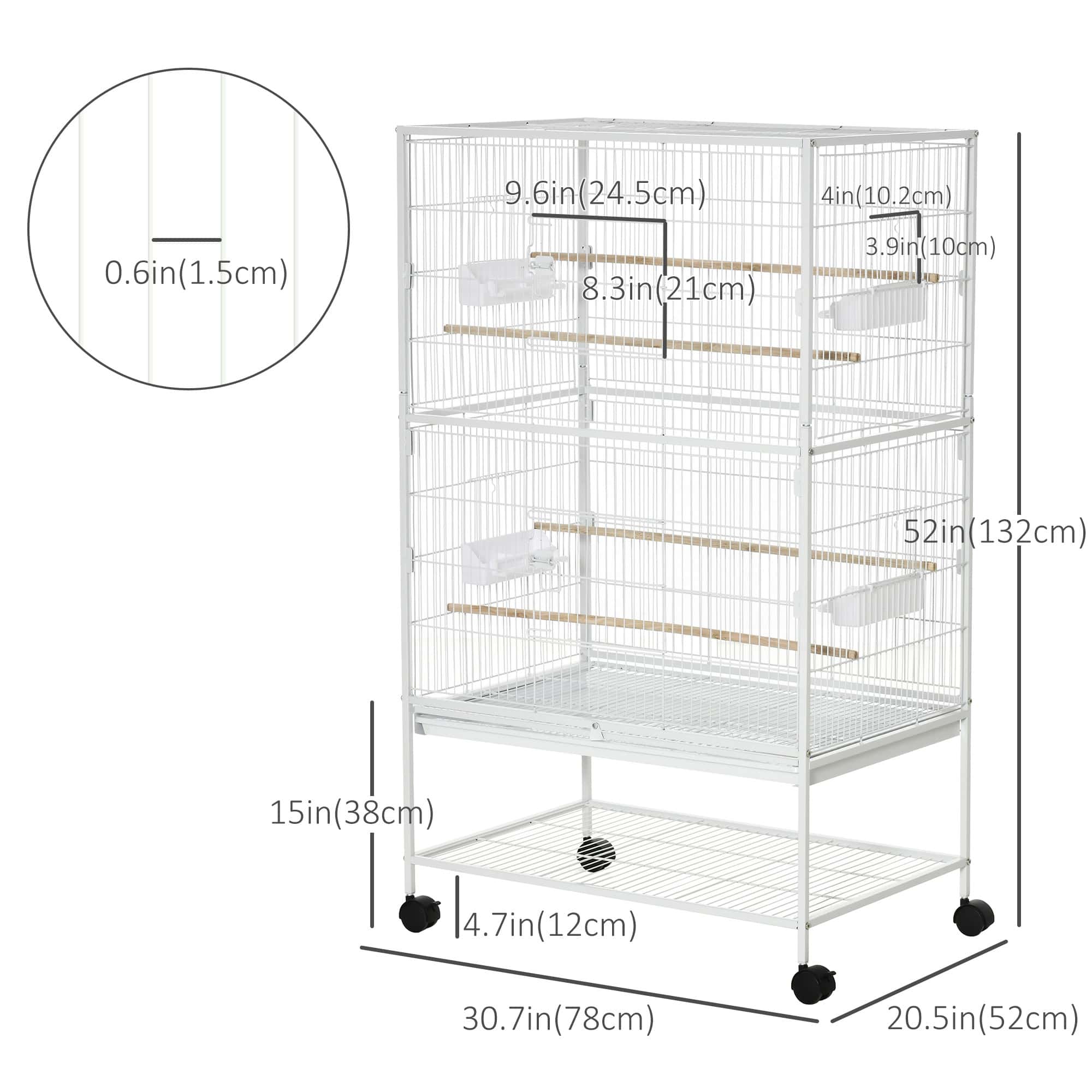 52'' Large Rolling Steel Bird Cage Bird House with Rolling Stand, Storage Shelf, Wood Perch, Food Container, White