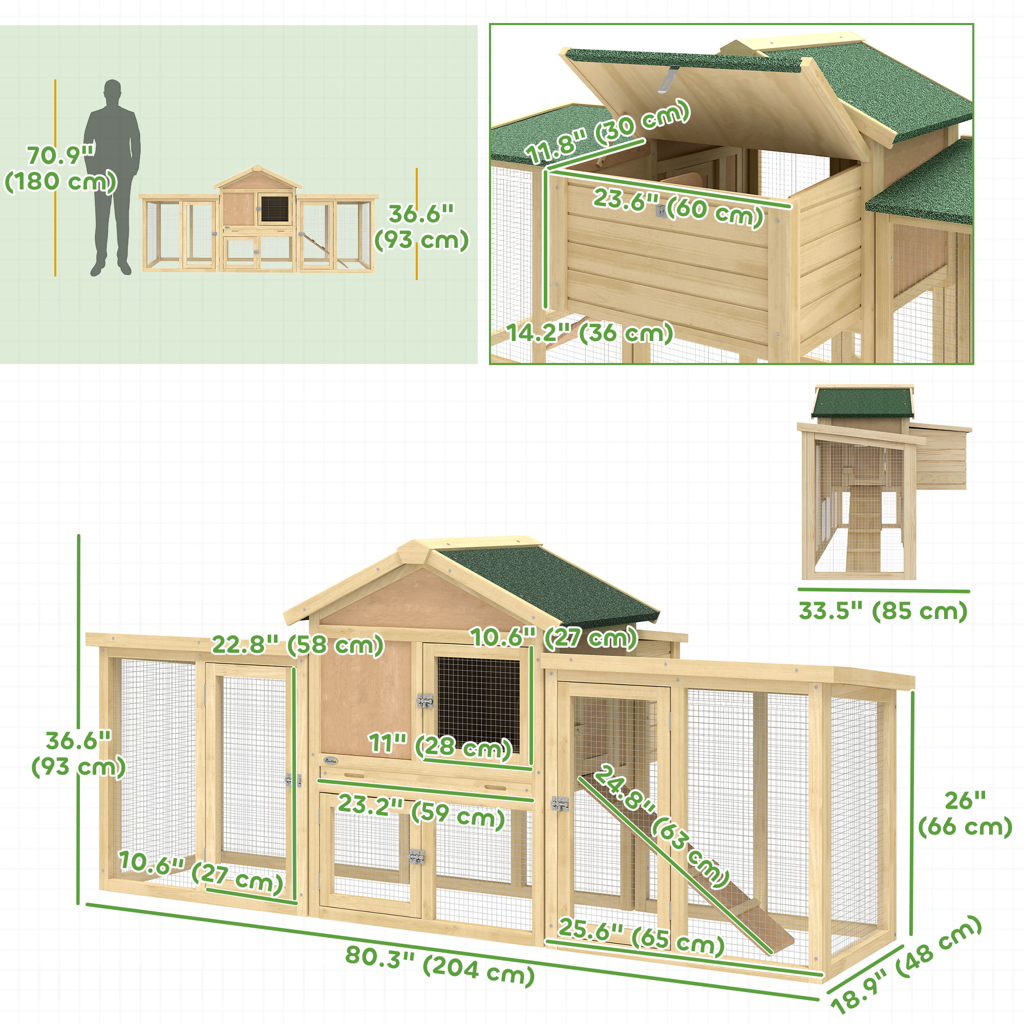 Wooden Chicken Coop, Outdoor Backyard Garden Large Rabbit Hutch with Nesting Box, Run, Ramp, Drawer