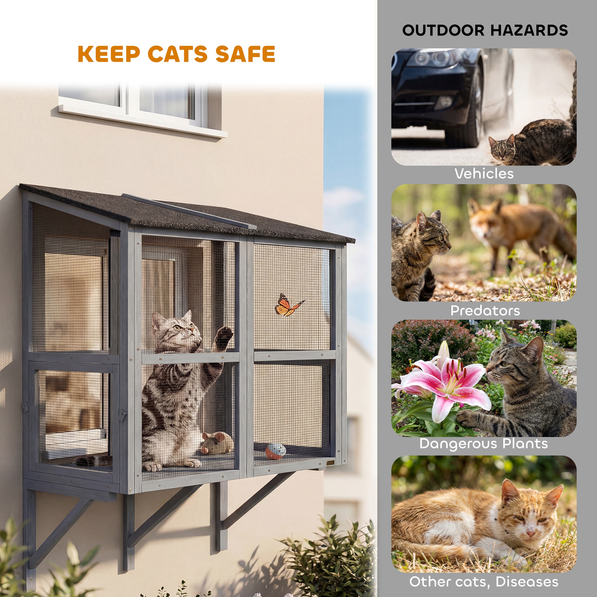 Catio Outdoor Cat Enclosure Wall-Mounted 2-Level Outdoor Cat House with Waterproof Roof 51.2" Grey