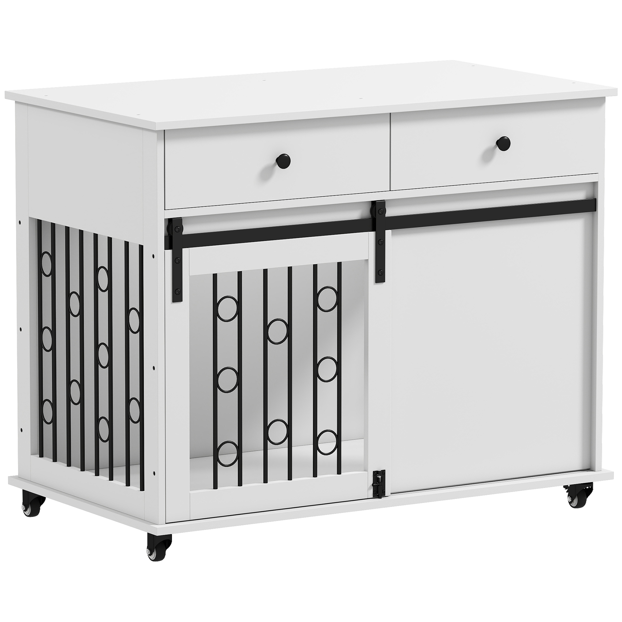 39" Dog Crate Furniture, Dog Kennel Indoor with 2 Drawers, Wheels, Sliding Door, Dog Cage for Medium Large Dogs, Oak