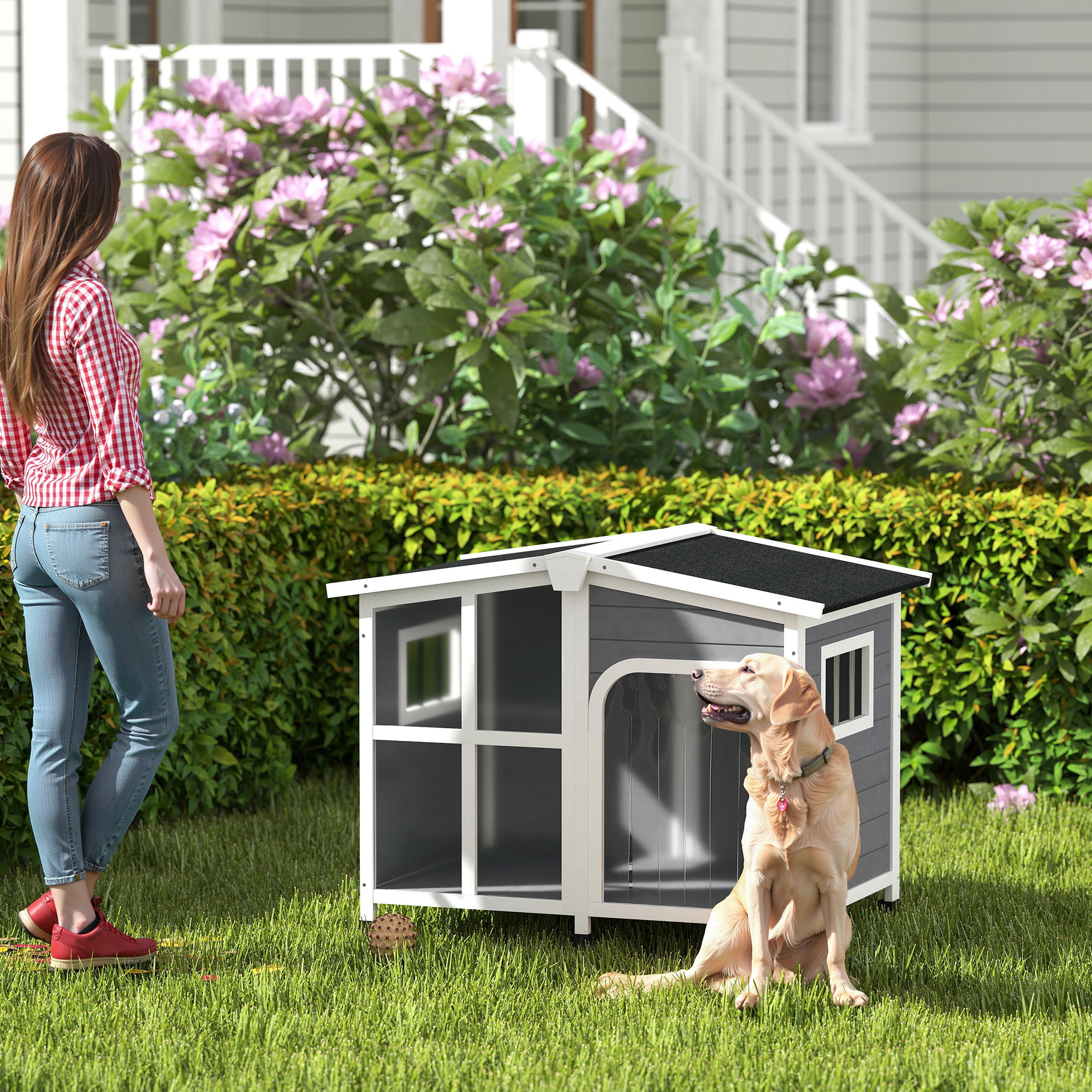 Wooden Dog House, Raised Pet Kennel with Removable Bottom, Openable Asphalt Roof, Door Curtain, Side Windows, Dark Grey