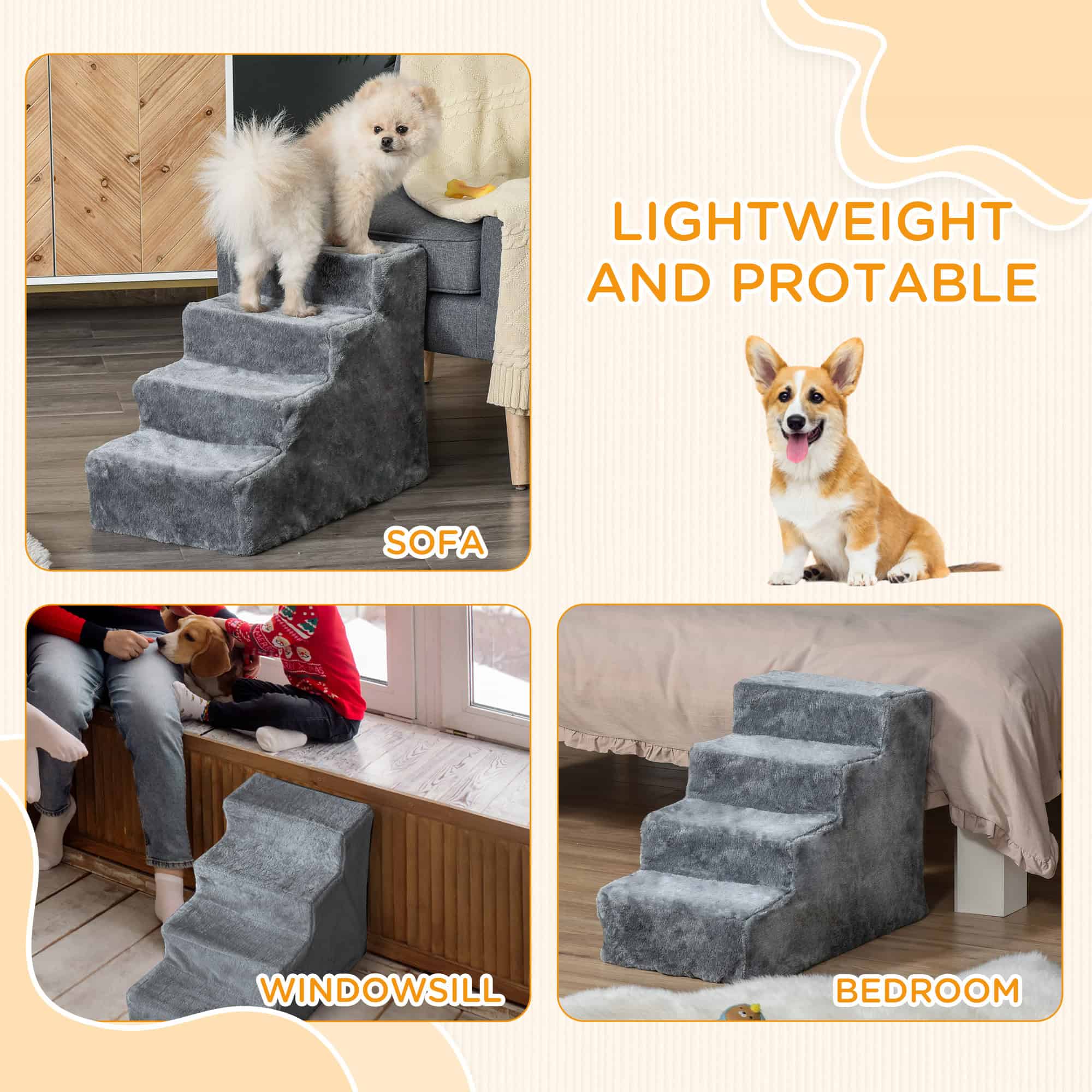 4-Step Dog Ramp for Sofa, Bed, and Couch, with Removable Cover, Light Grey