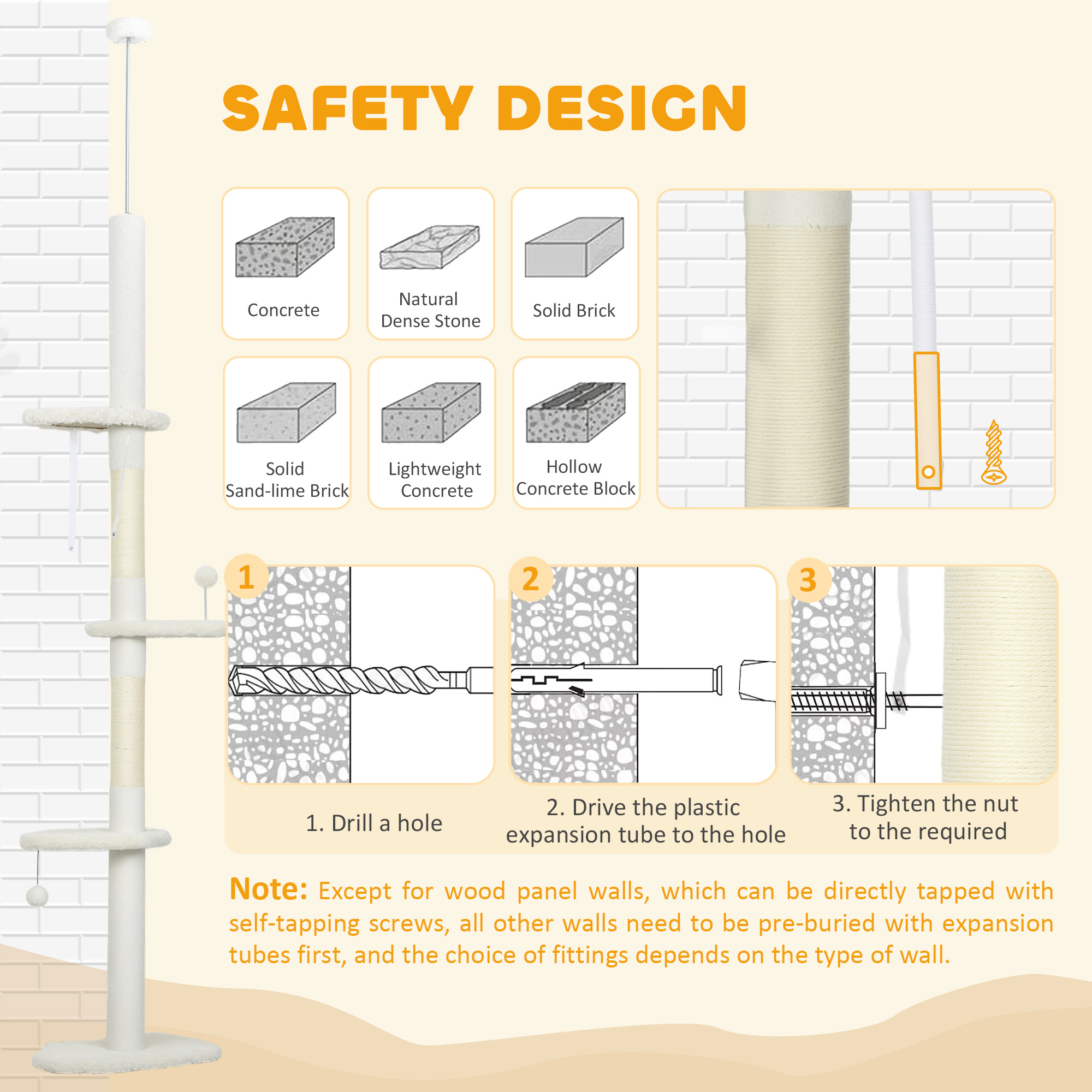 88.5"-100.5" Floor to Ceiling Cat Tree, Cat Tower with Scratching Posts, Cloud Shaped Platforms, Dangling Balls, Cream - Image 7