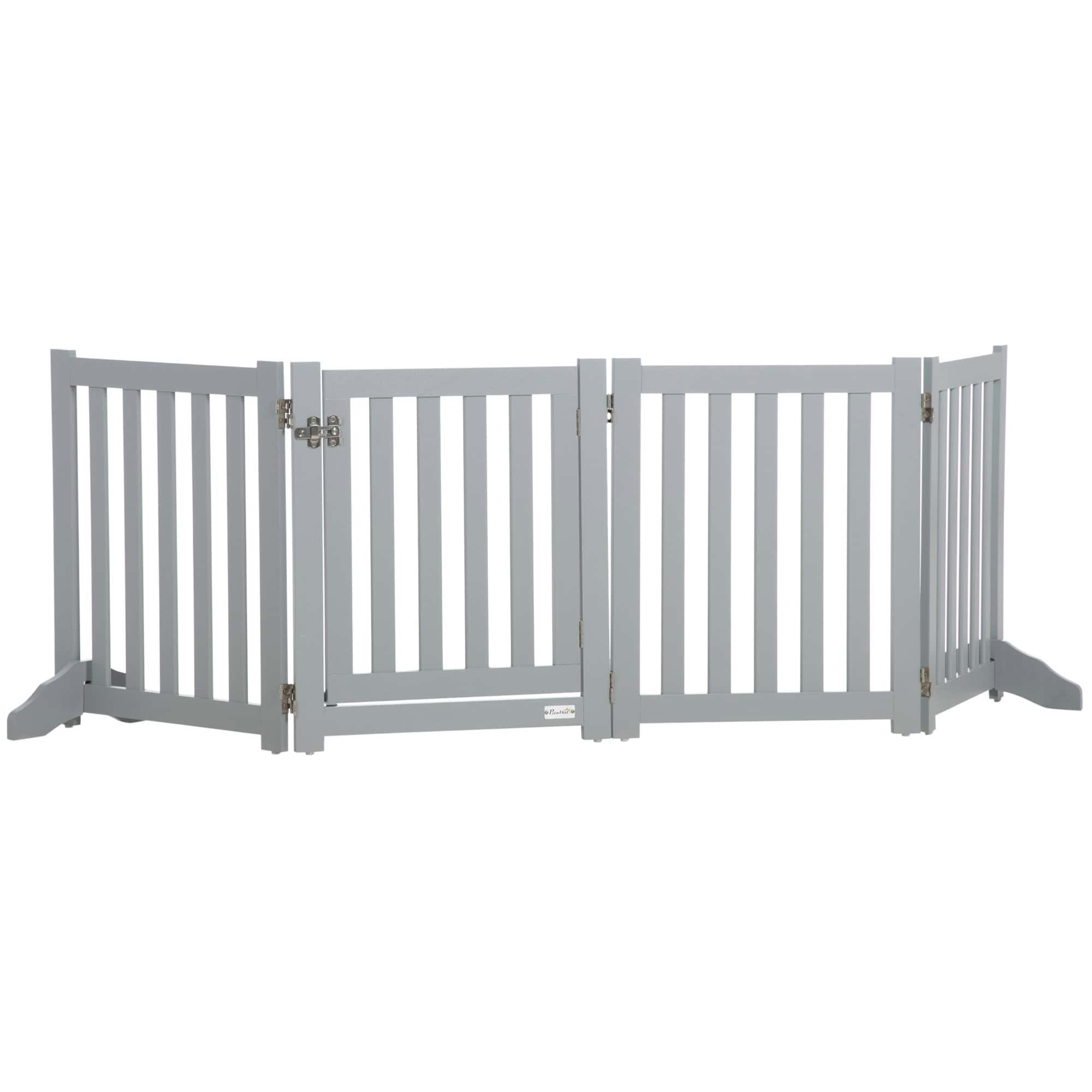 23.5"H Foldable Dog Gate with Door, 4 Panels Freestanding Pet Gate Barriers Indoor with Support Feet, Puppy Fence for Dogs, Grey