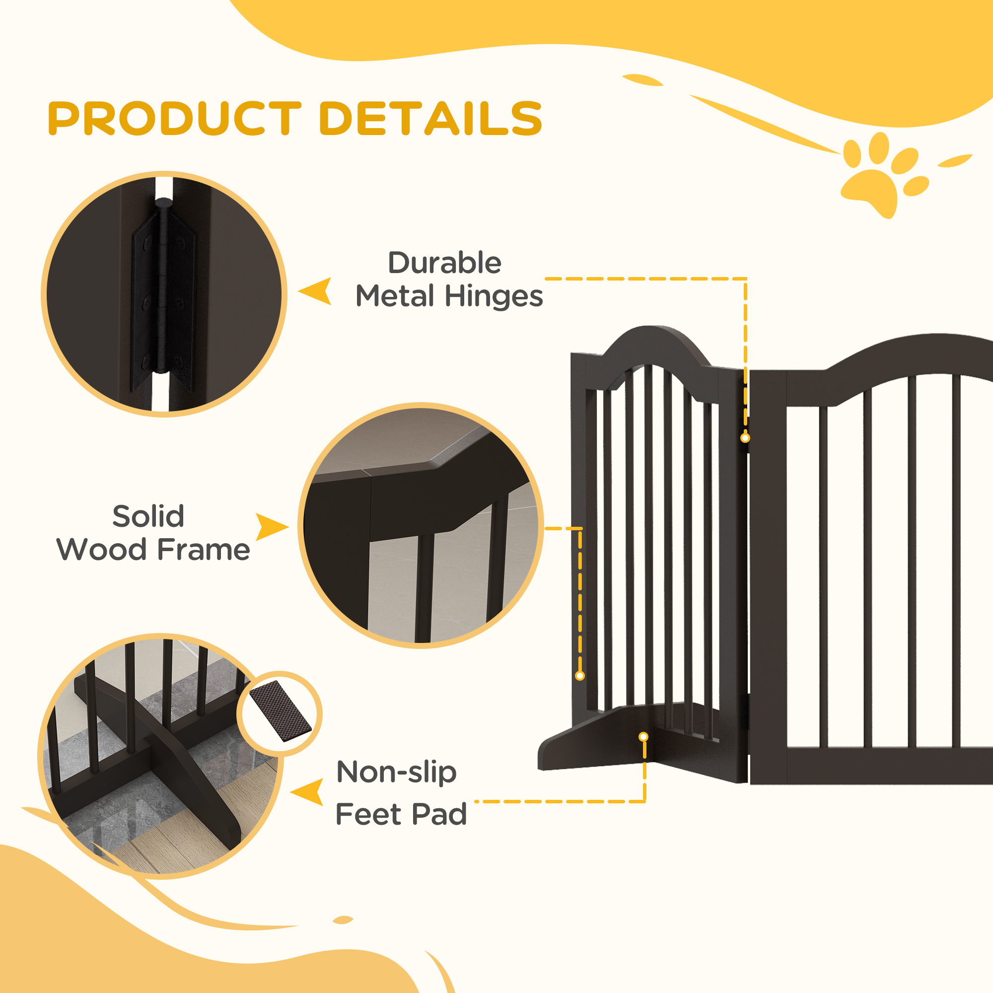 24" Freestanding Pet Gate For Dogs with 2 Support Feet, Coffee