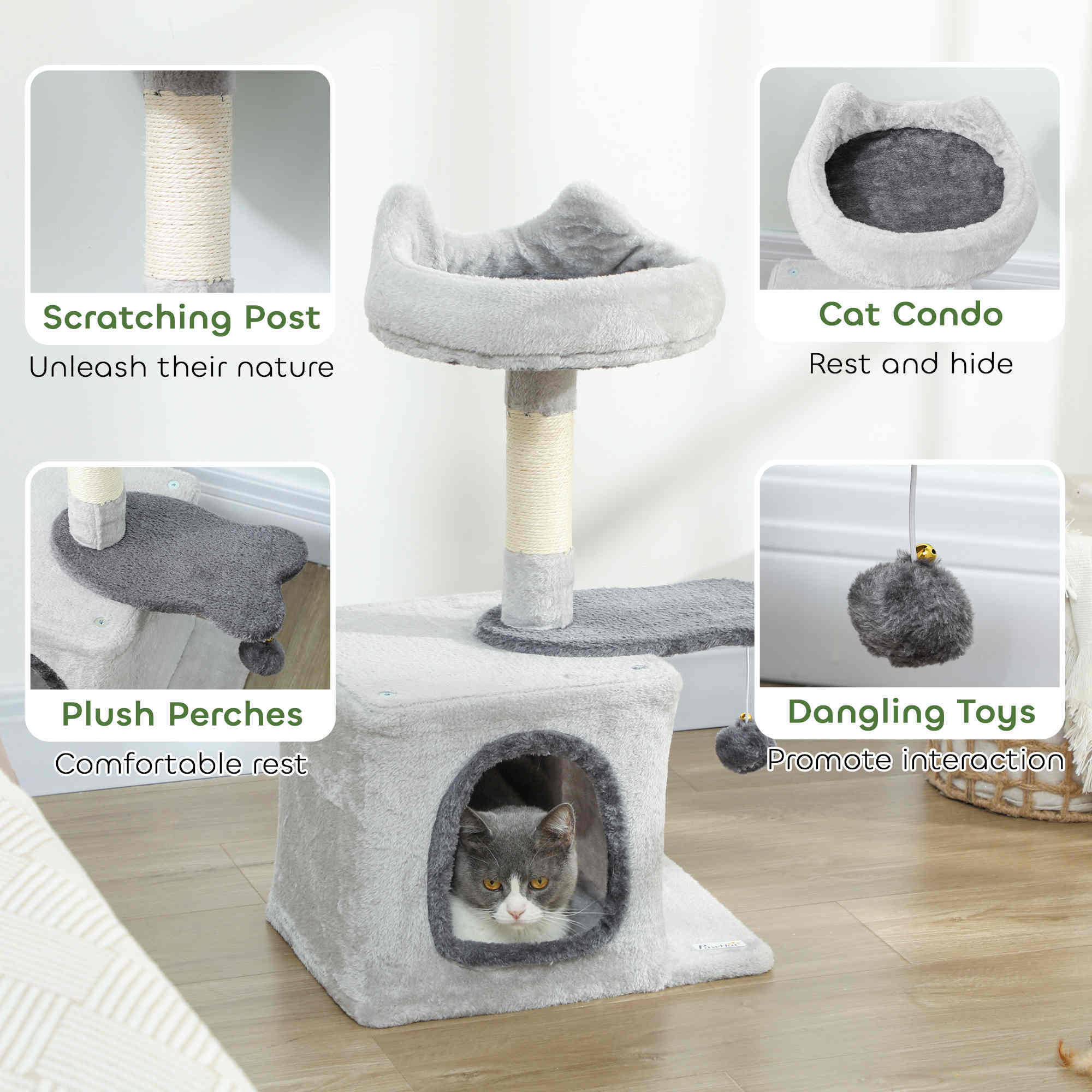 28" Cat Tree Tower with Plush Top Bed, Cozy Condo, Sisal Scratching Post, Perch, Dangling Ball, Light Grey - Image 5
