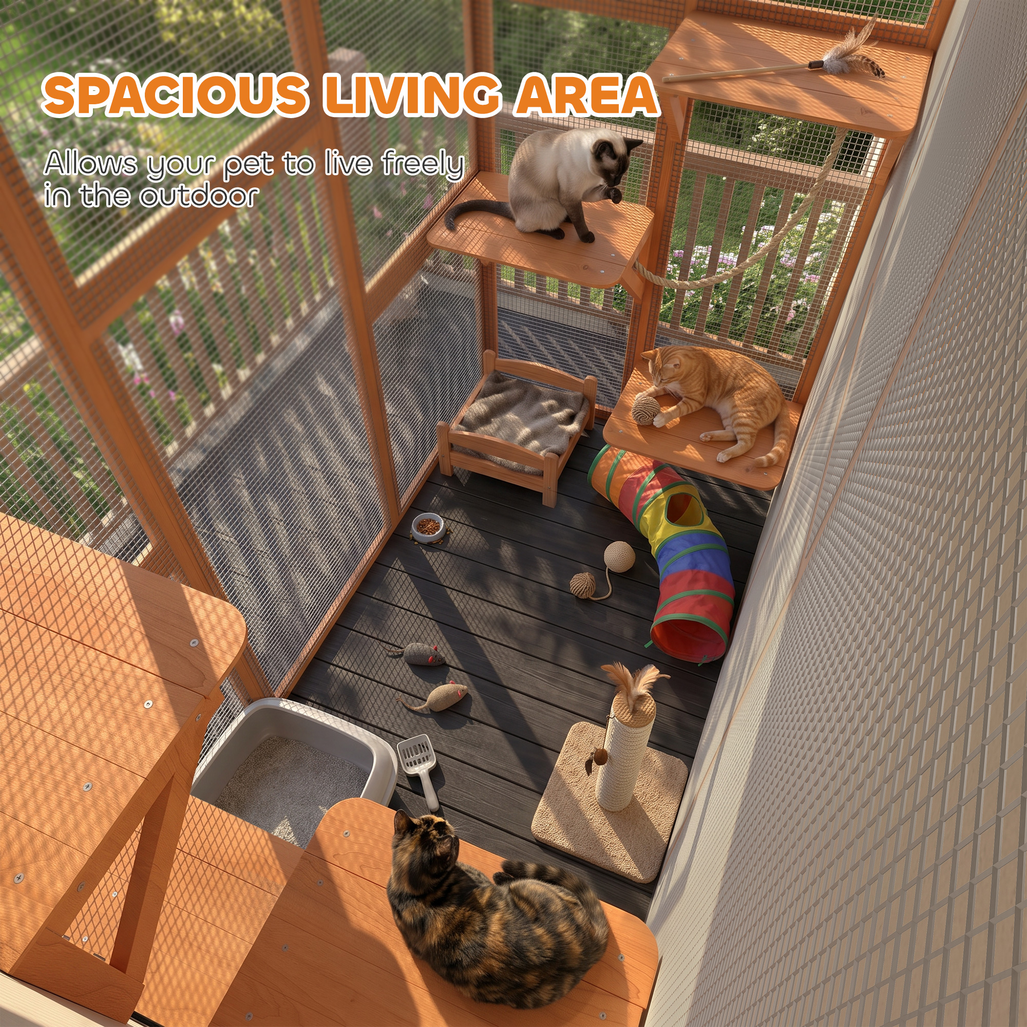 71" x 39" x 71" Cat Cage, Large Outdoor Wooden Cat Patio with 6 Balanced Platforms and Asphalt Roof, Orange
