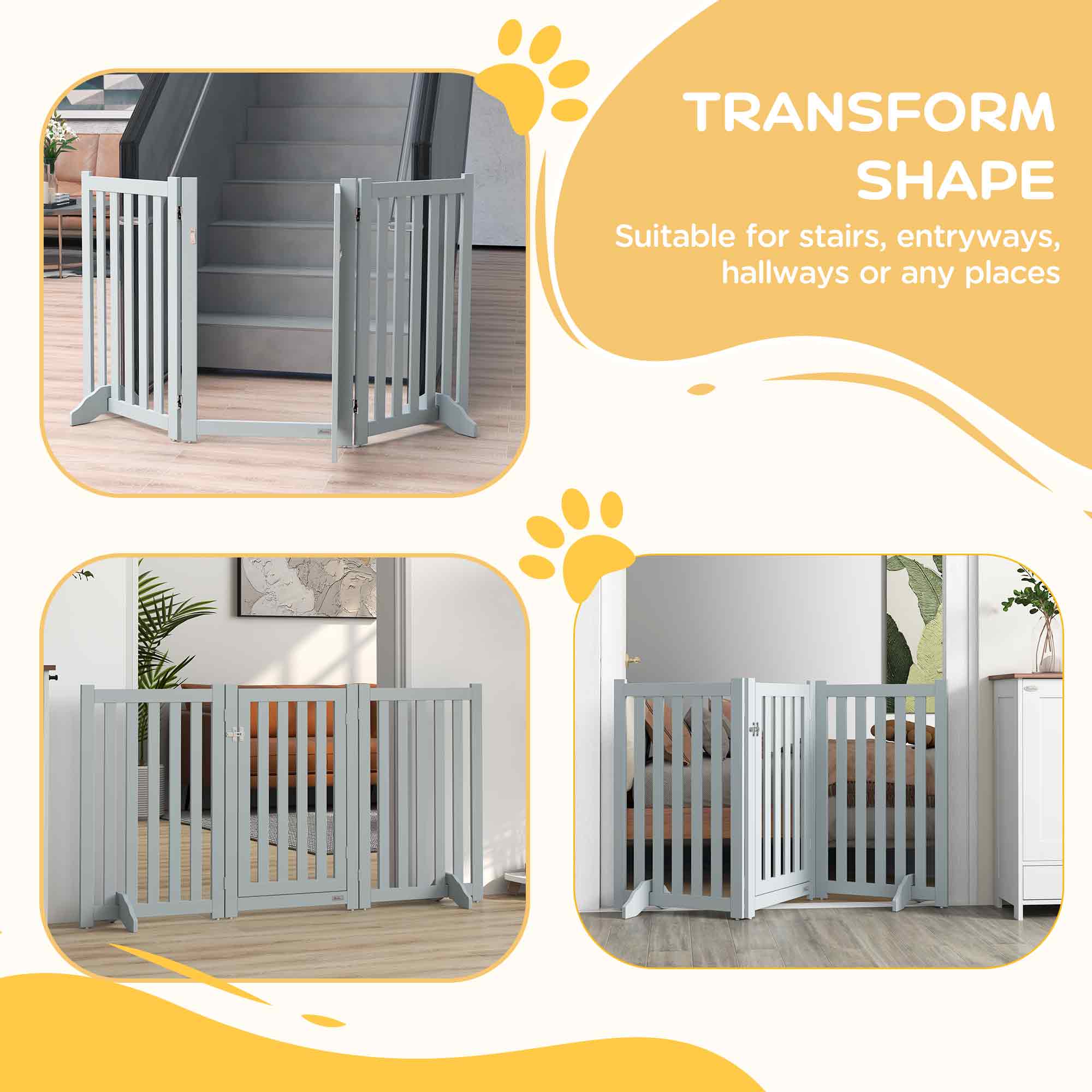 3-Panel Foldable Dog Gate with Feet for Medium Dogs and Below, Grey