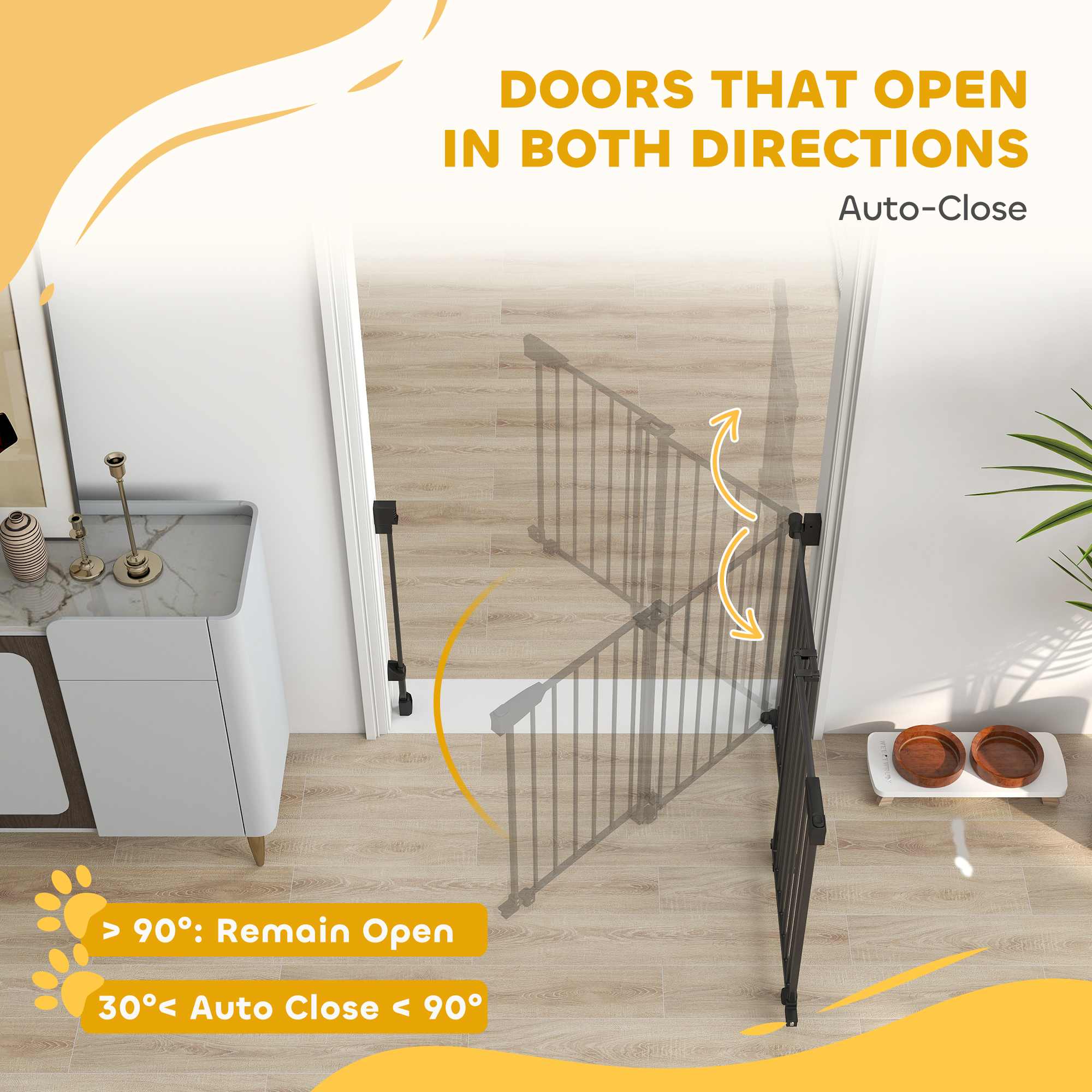 29"-44" Wide Dog Gate, 29" H, Pet Gate with Auto-Close, Single Hand Operation, Wall-Mounted, No-Threshold Design