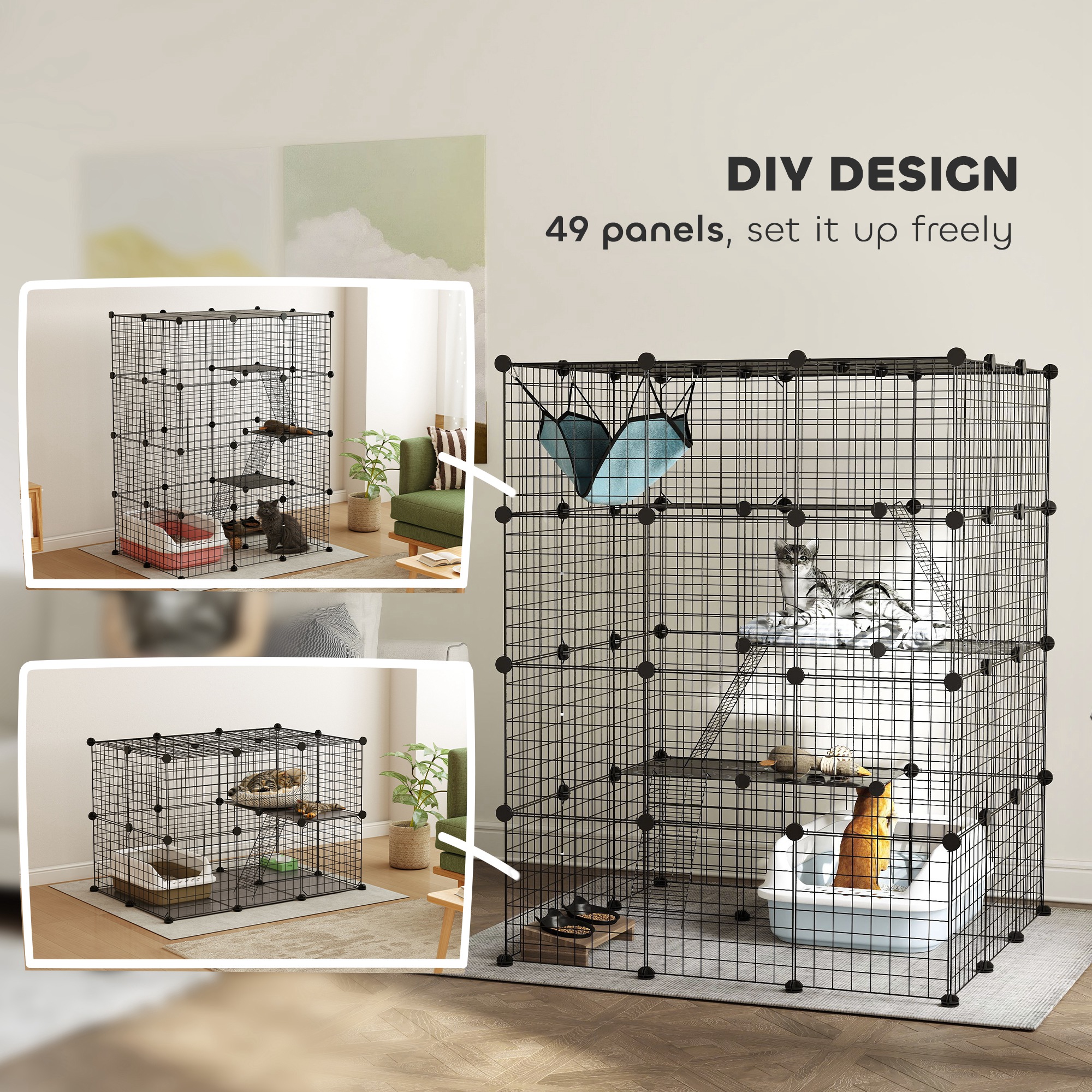 4 Tier DIY Cat Cage Indoor, Catio for 1-3 Cats with Hammock, 5 Doors, 3 Ramps, 3 Jumping Platforms, for 1-3 Cats, Black