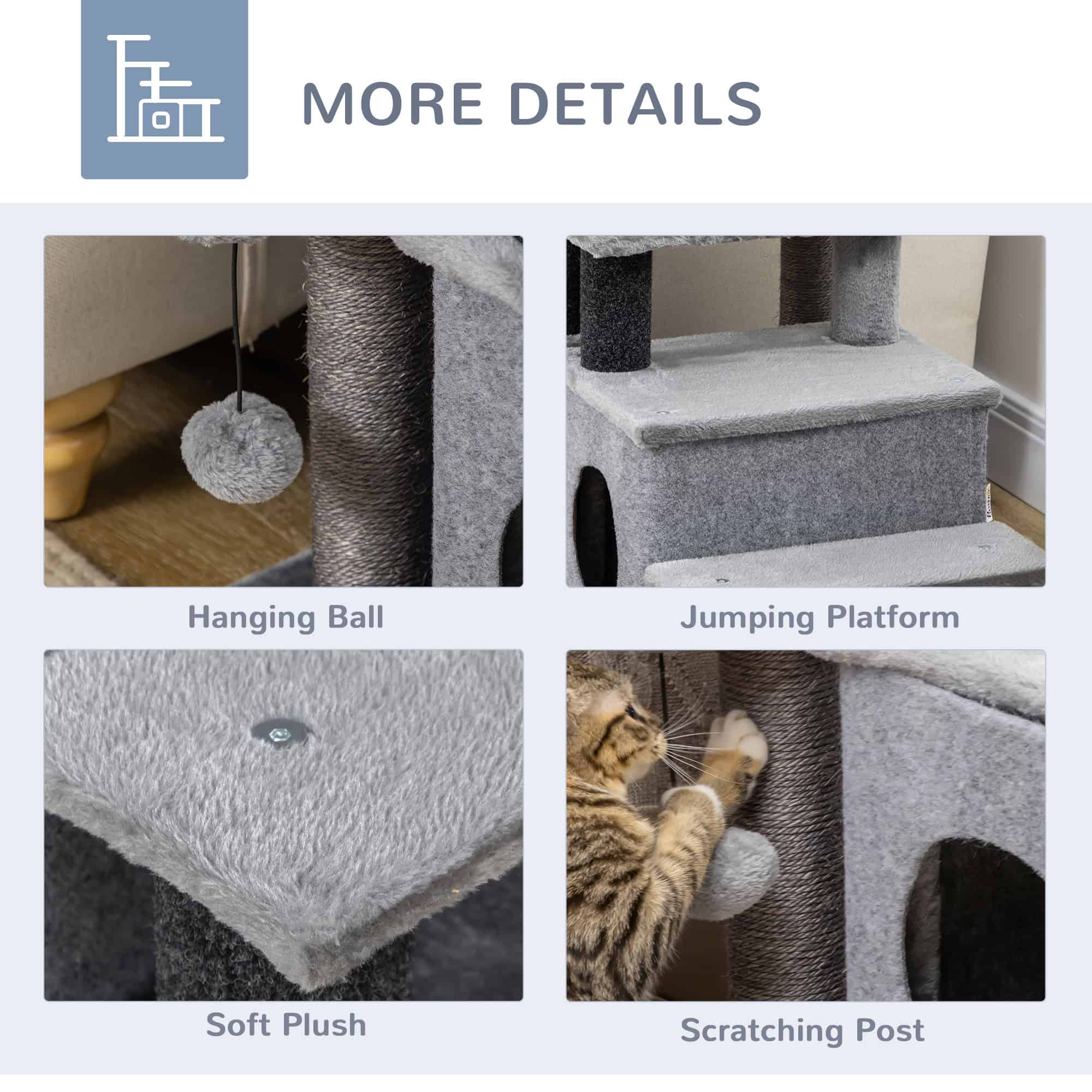 Cat Stairs Pet Steps for Couch Bed with Scratching Posts Condo Ball Toy, 23.6" x 15.7" x 26", Grey - Image 6