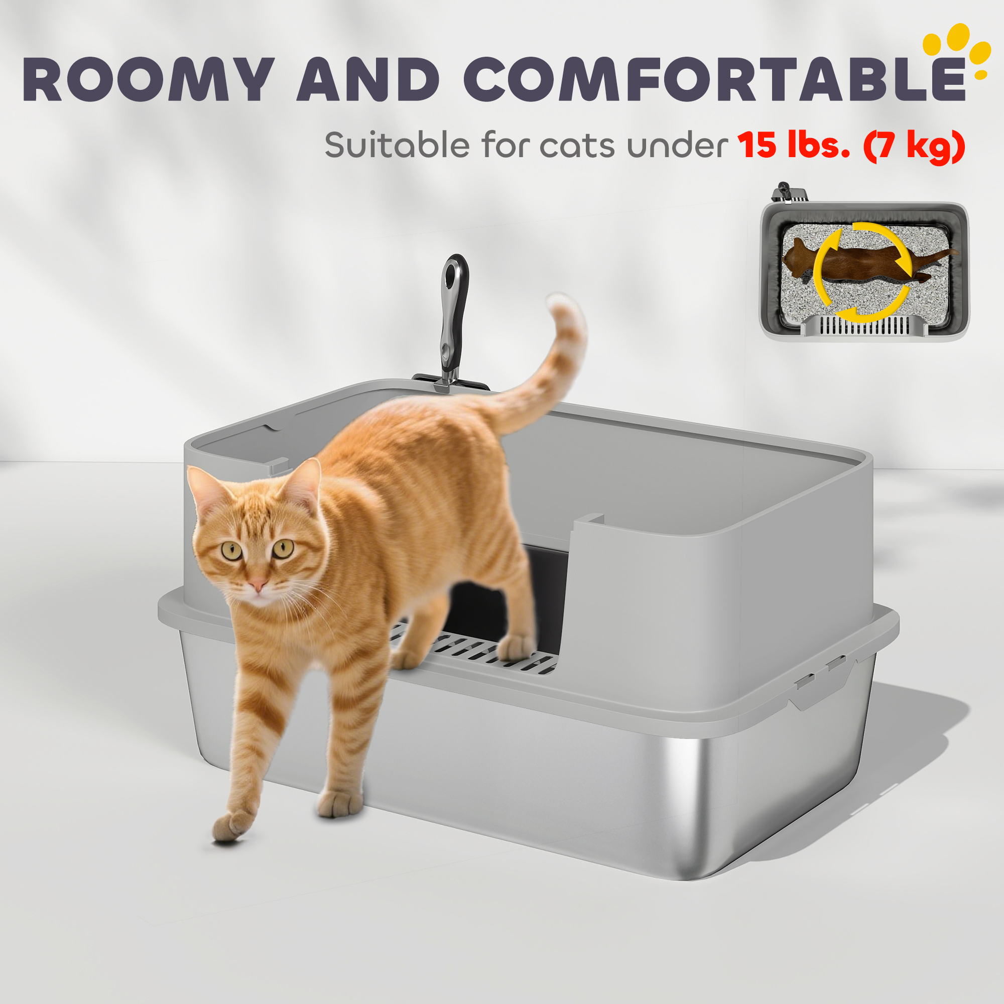 Stainless Steel Litter Box, XL High Sided Cat Litter Box with Scoop, Anti Leakage & Easy to Clean, 24" x 16" x 12", Grey