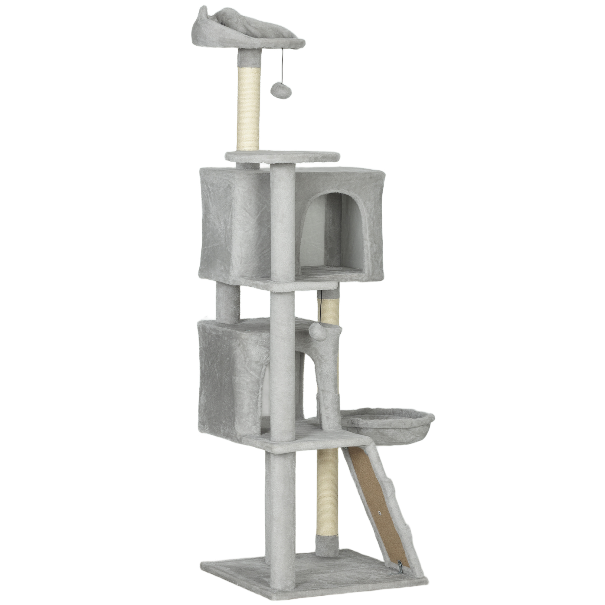 63 Inch Cat Tree with Sisal Scratching Posts, Condos, Plush Perches, Hammock, Ladder, Dangling Balls, Light Grey