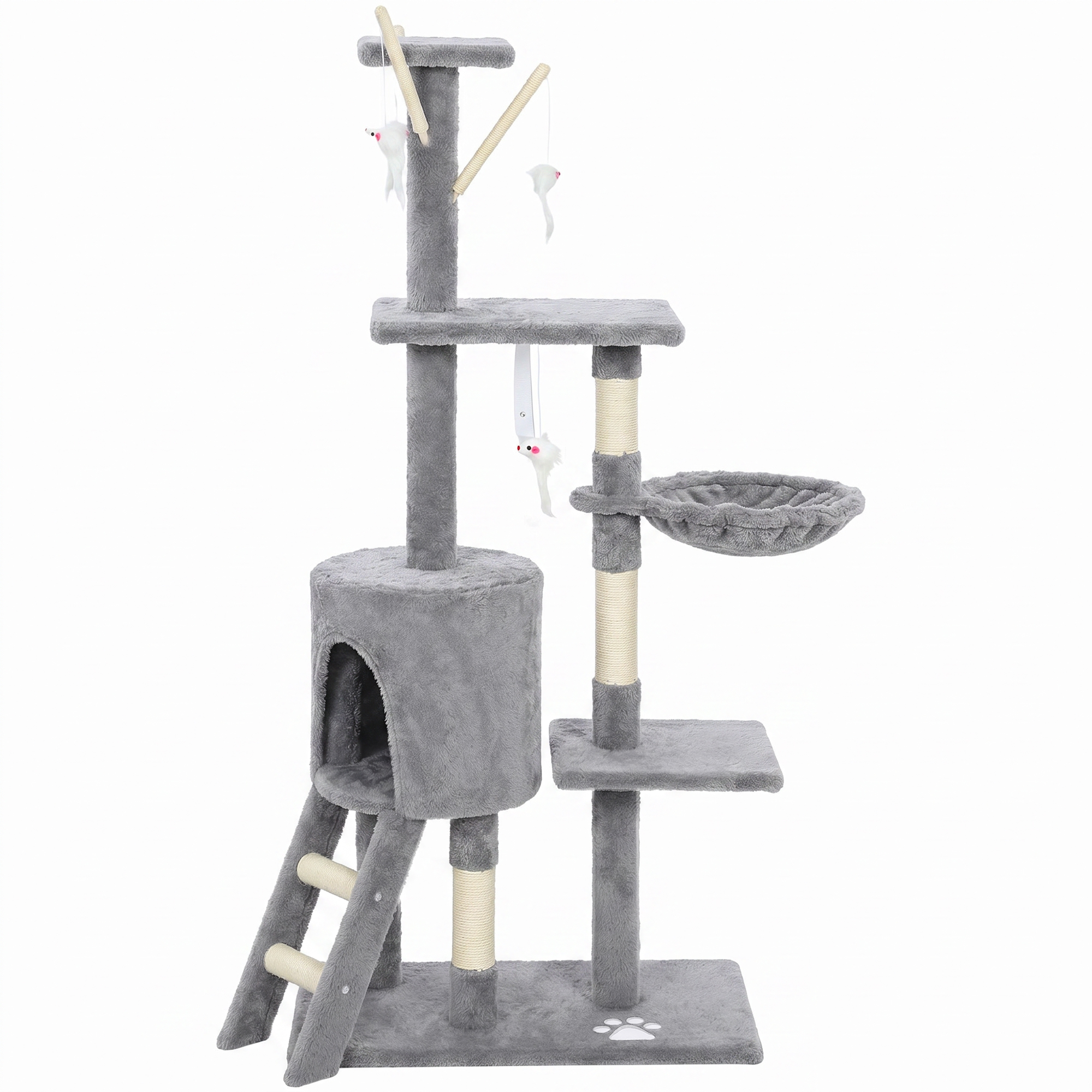53" Cat Tree Tower, Kitten Activity Centre with Scratching Posts, Condo, Perches, Ladder, Hammock, Dangling Toys, Grey