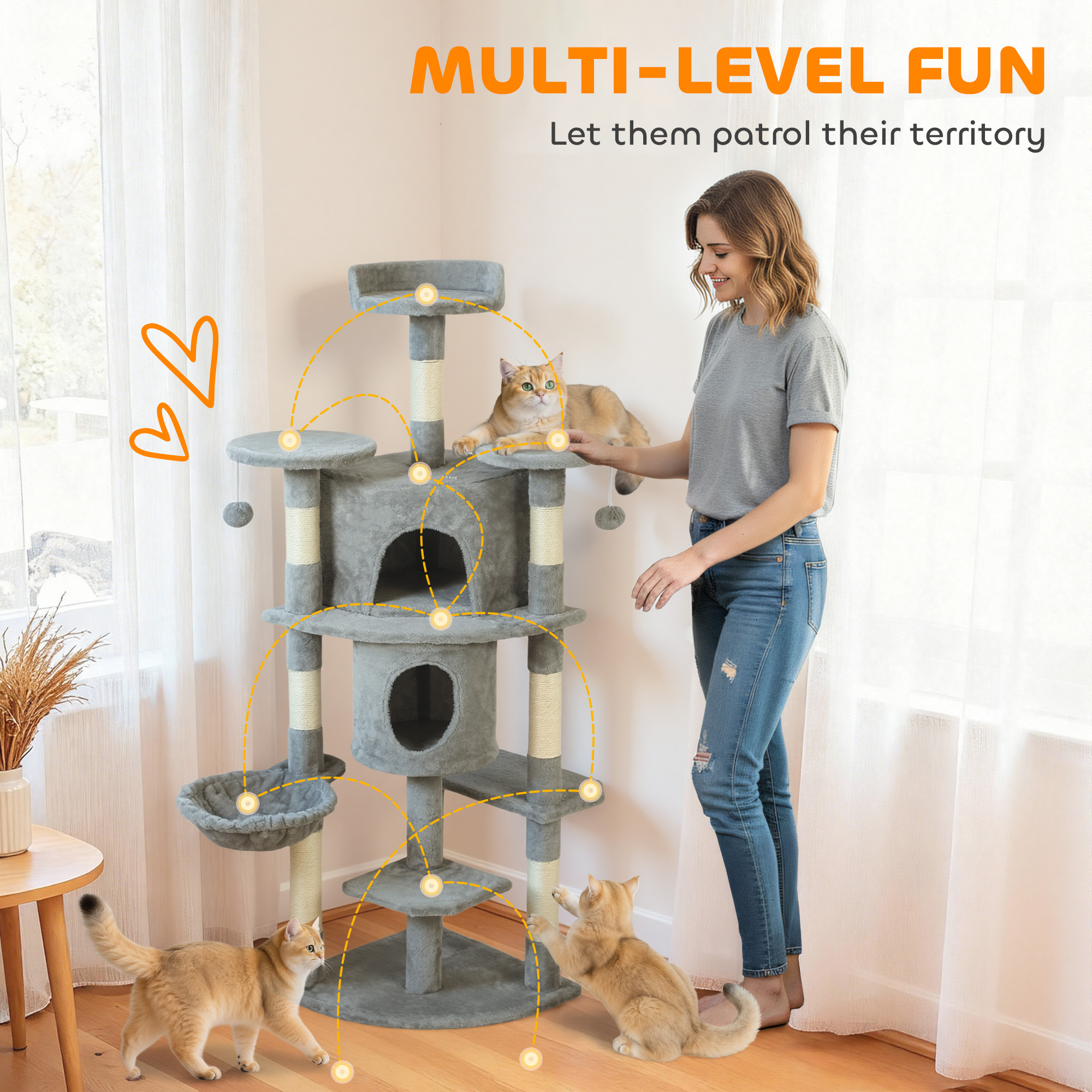 62" Cat Tree with Scratching Post, 2 Condos, Hammock, Perches, Plush, Pompoms, for Indoor Cats, Light Grey