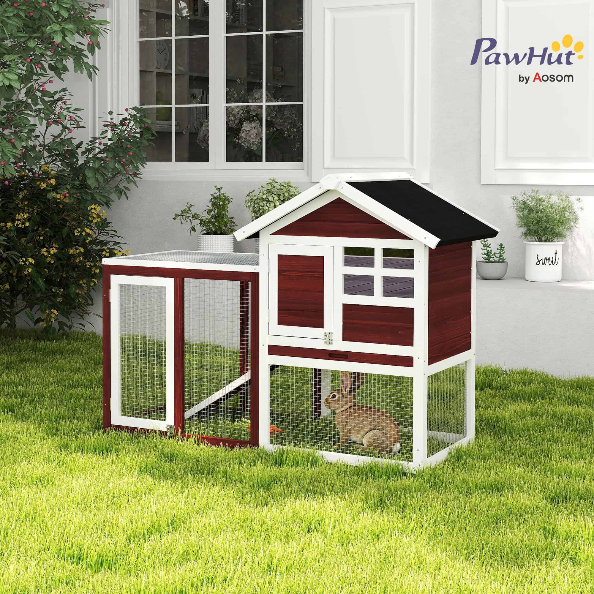 48" Weatherproof Wooden Rabbit Hutch Bunny Cage Small Animal House with Slant Roof And Screened Outdoor Run, Brown