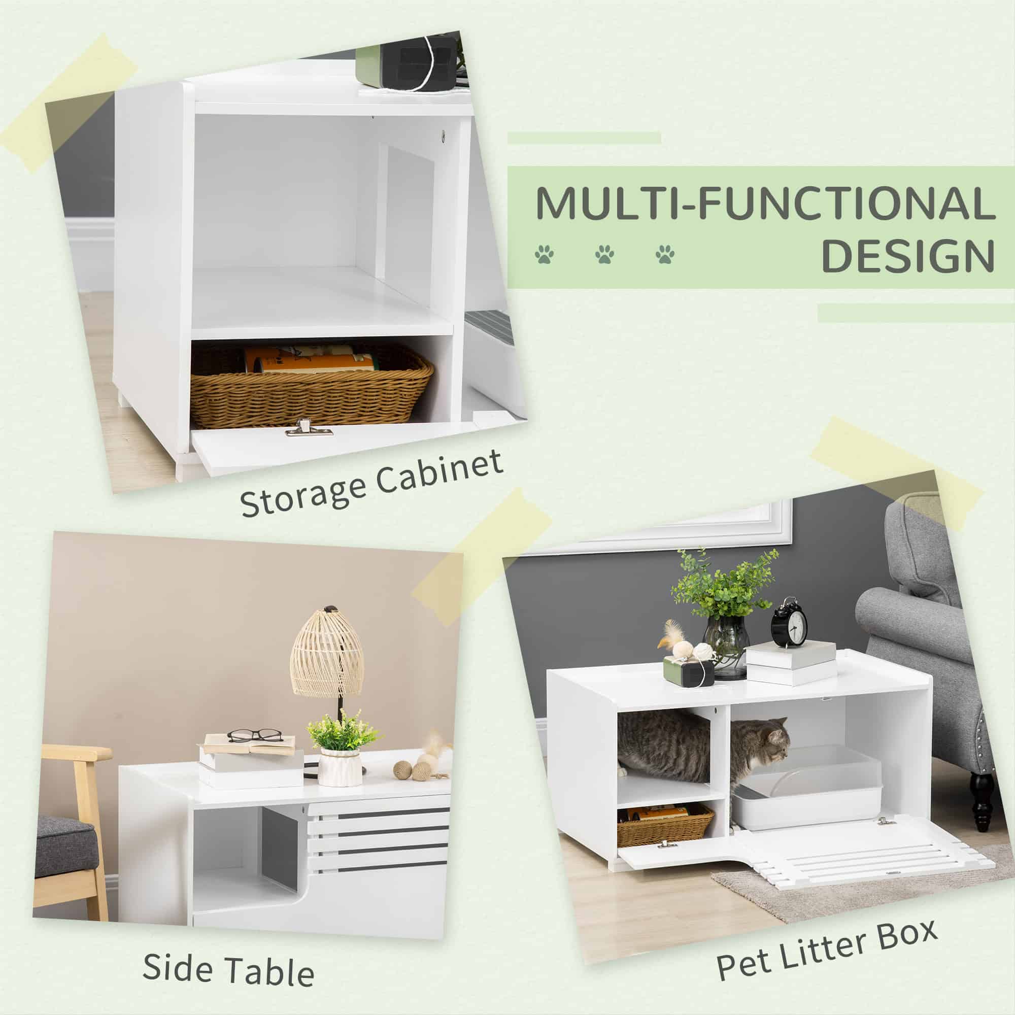 Hidden Cat Litter Box Furniture, Cat Litter Box Enclosure with Storage Compartments and Side Table Function, White - Image 4