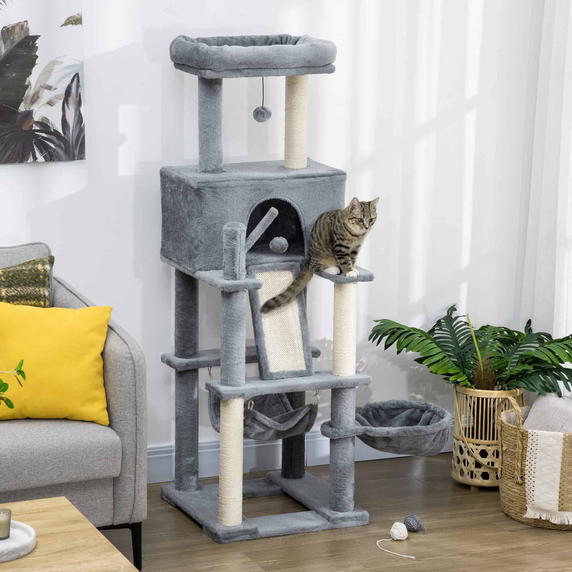 55" Cat Tree for Indoor Cats, Cat Tower, Kitty Activity Center with Cat Bed Ramp Condo Hammocks Hanging Ball Toys Sisal Rope Scratching Post, Grey