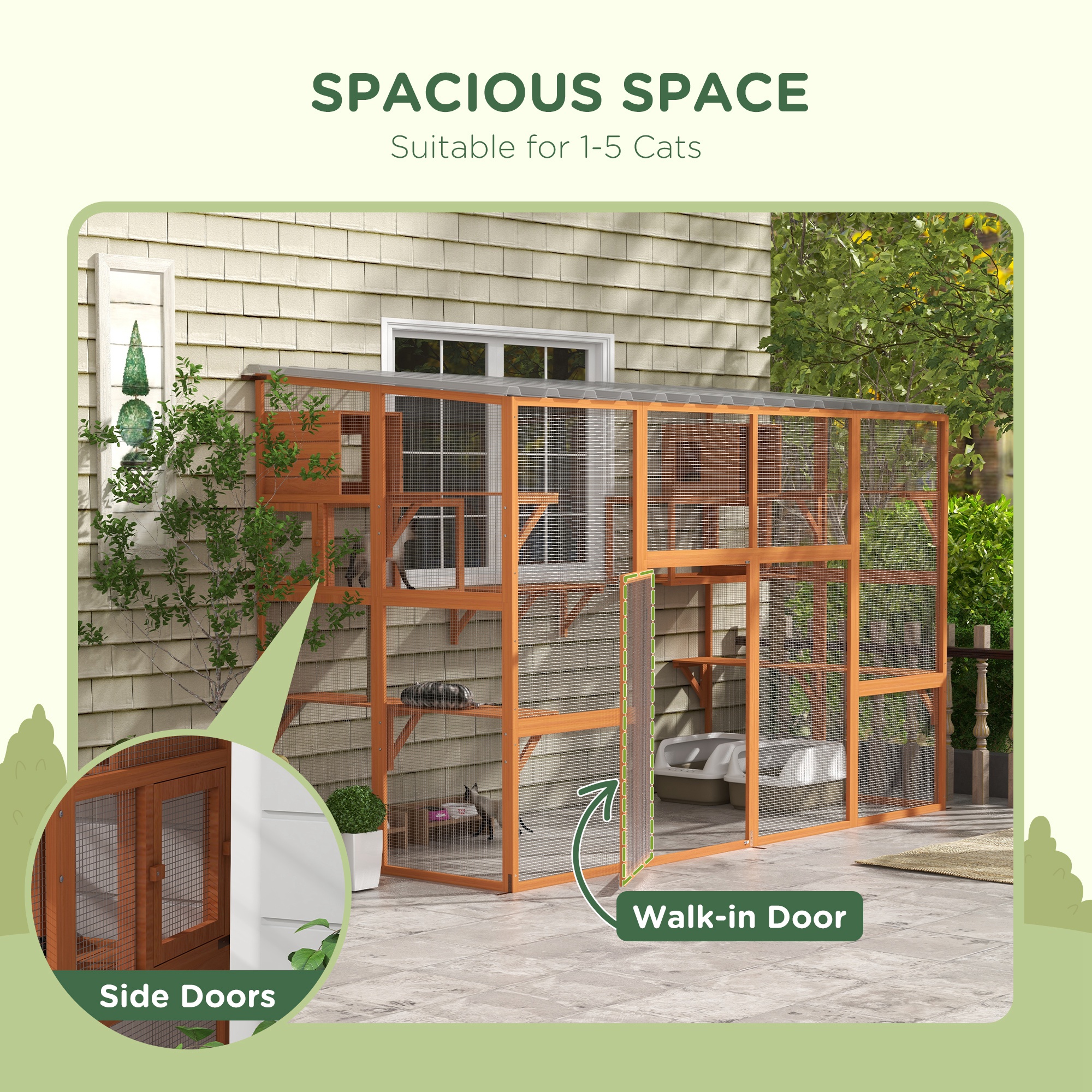 Large Outdoor Catio with 2 Condos, Jumping Platforms, Waterproof Roof, Orange - Image 7