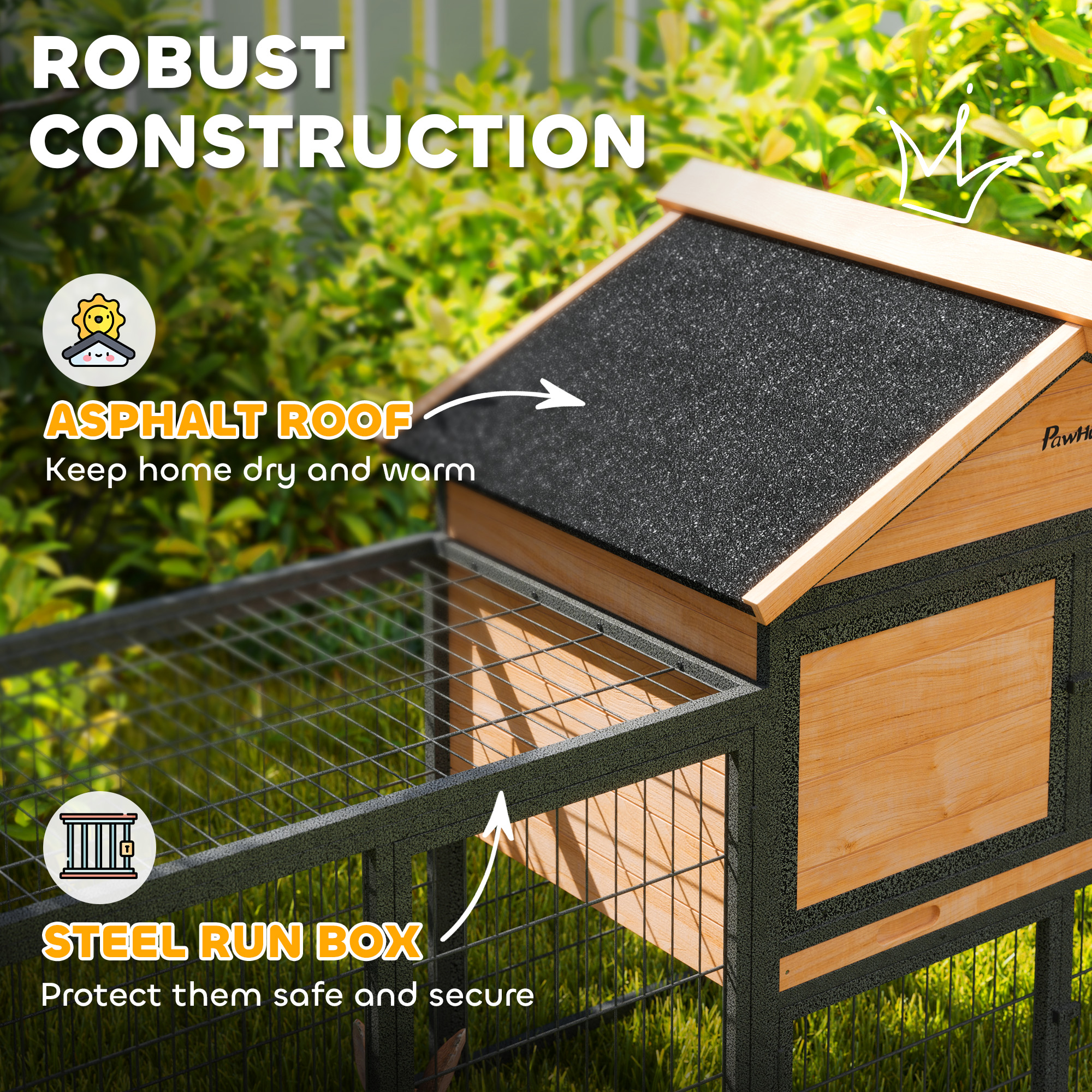 Rabbit Hutch Outdoor, 85"L Large Wooden Bunny Cage with Run Box, Removable Plastic Tray, Asphalt Roof, Ramp, Yellow