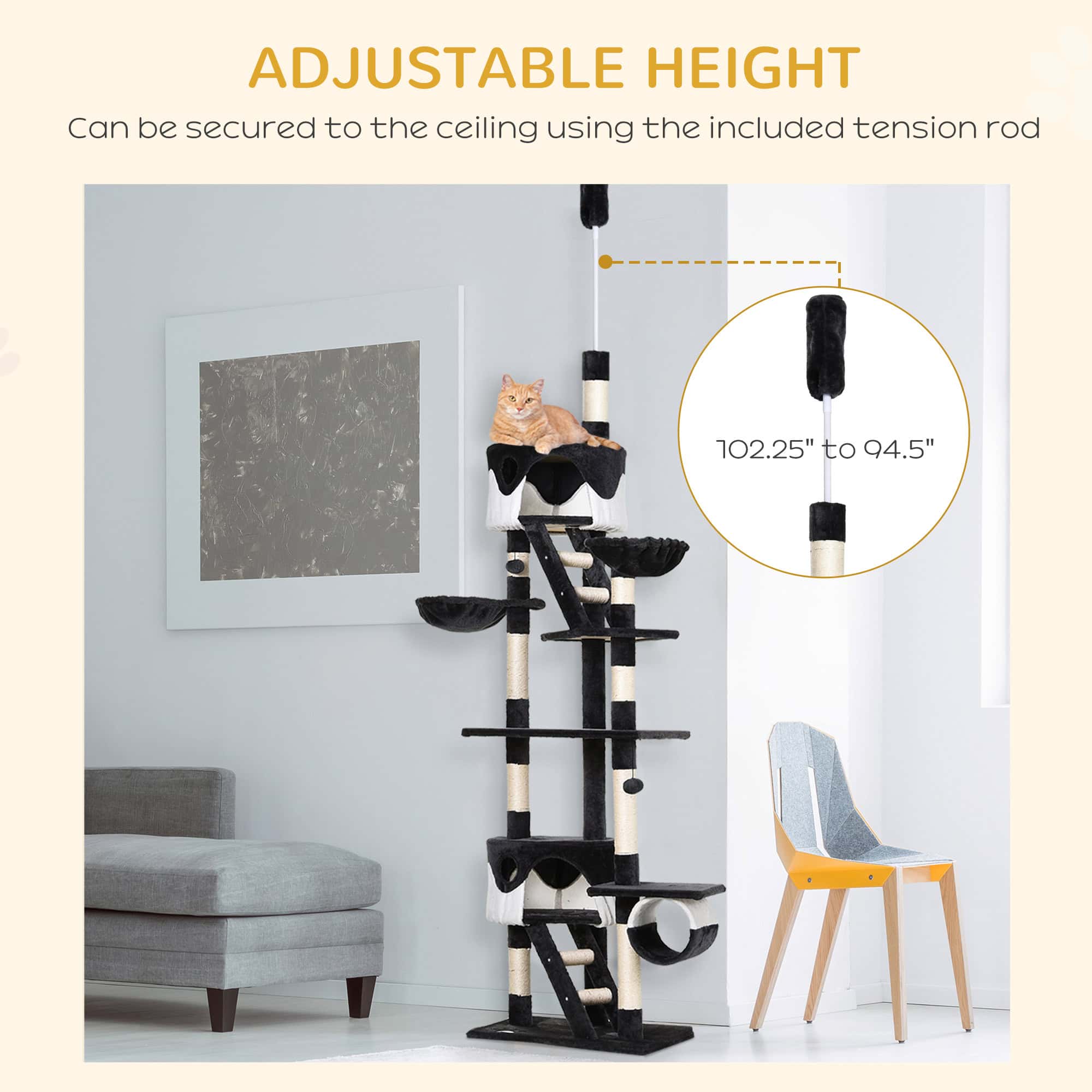 94"-102" Floor to Ceiling Cat Tree, High Cat Condo Scratching Post Activity Center, Multi-Level Play House