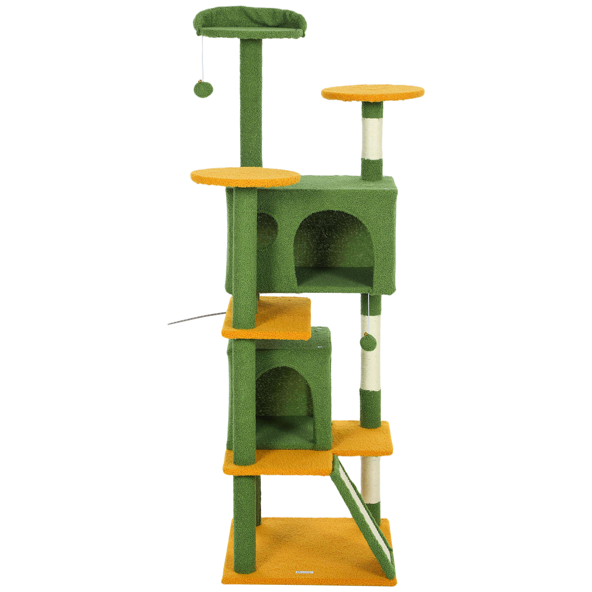 63" Cat Tree, Multi-Level Cat Tower with Scratching Posts, Cat Condos, Bed, Platforms, Ramp, Toy Ball, Green