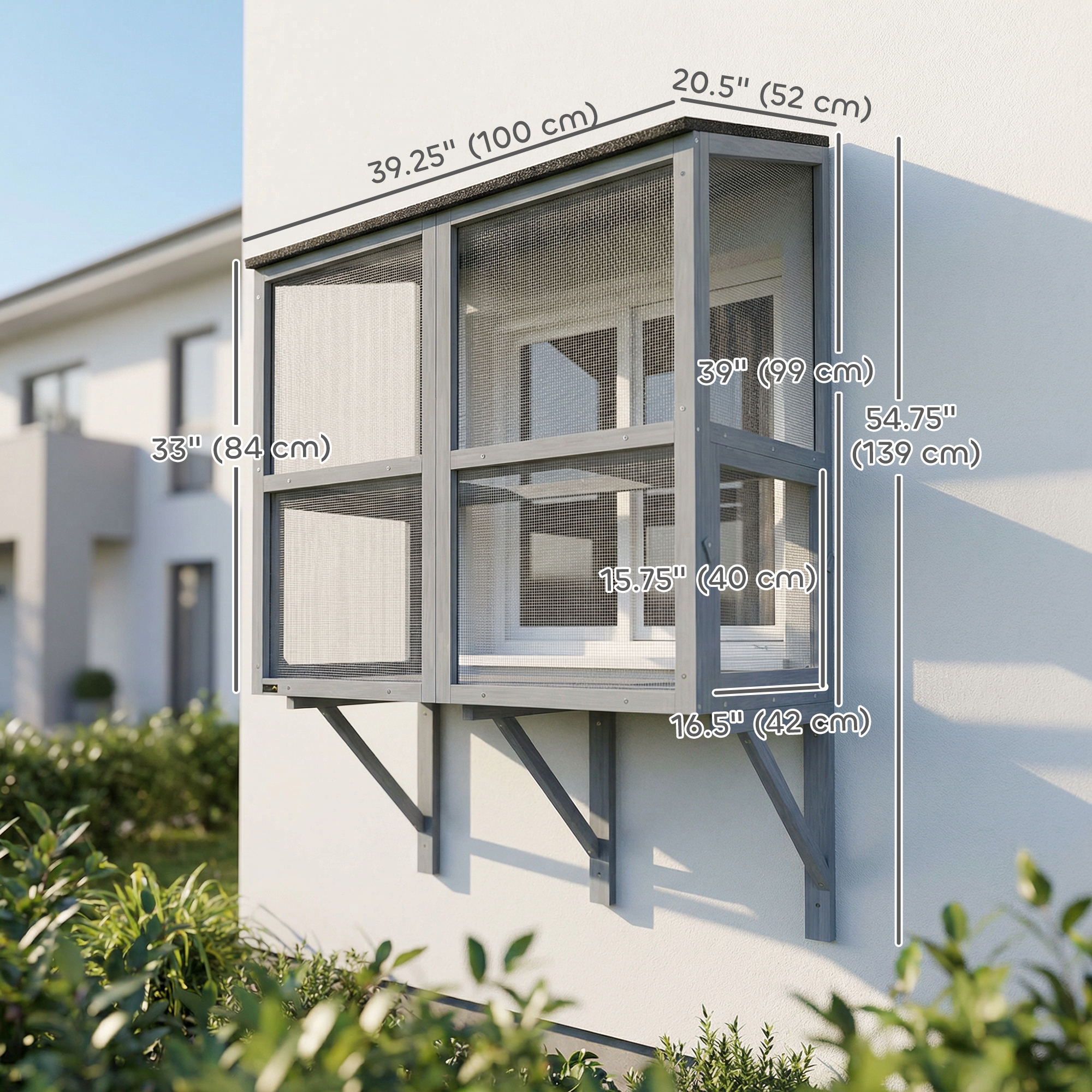 Catio Outdoor Cat Enclosure Wall-Mounted 2-Level Outdoor Cat House with Waterproof Roof 39.4" Grey