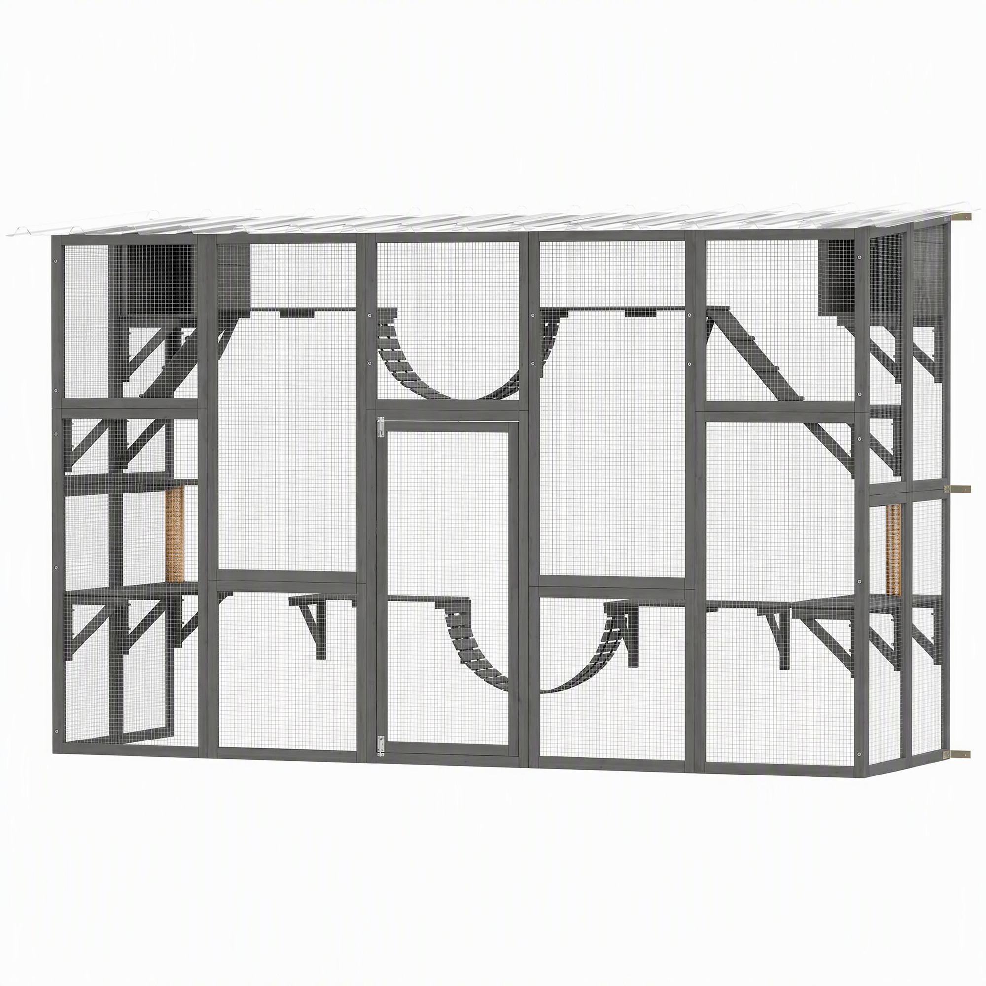 Large Outdoor Catio with Condos, Platforms, Doors, Ladders, Weather-Resistant Roof, Grey
