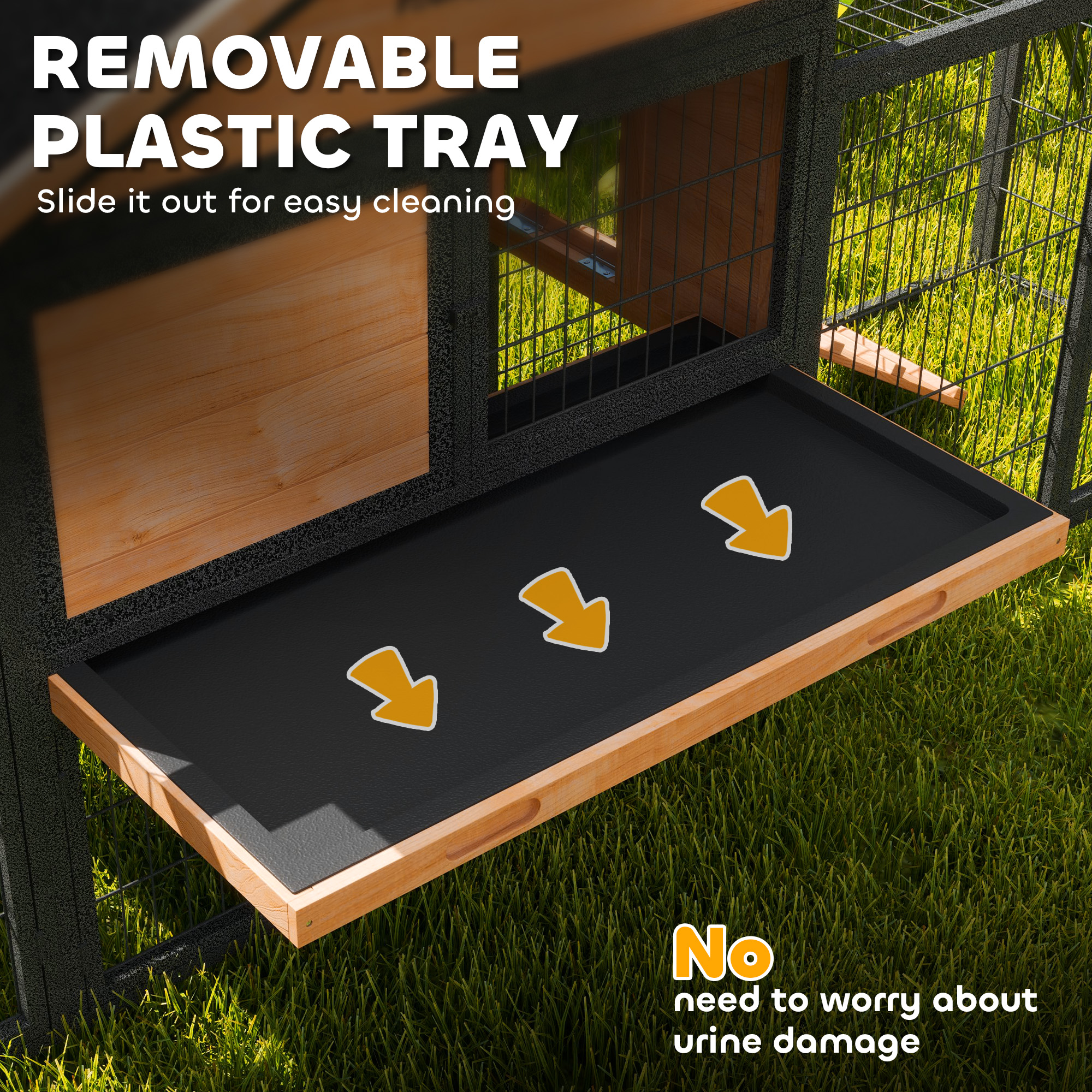 Rabbit Hutch Outdoor, 85"L Large Wooden Bunny Cage with Run Box, Removable Plastic Tray, Asphalt Roof, Ramp, Yellow