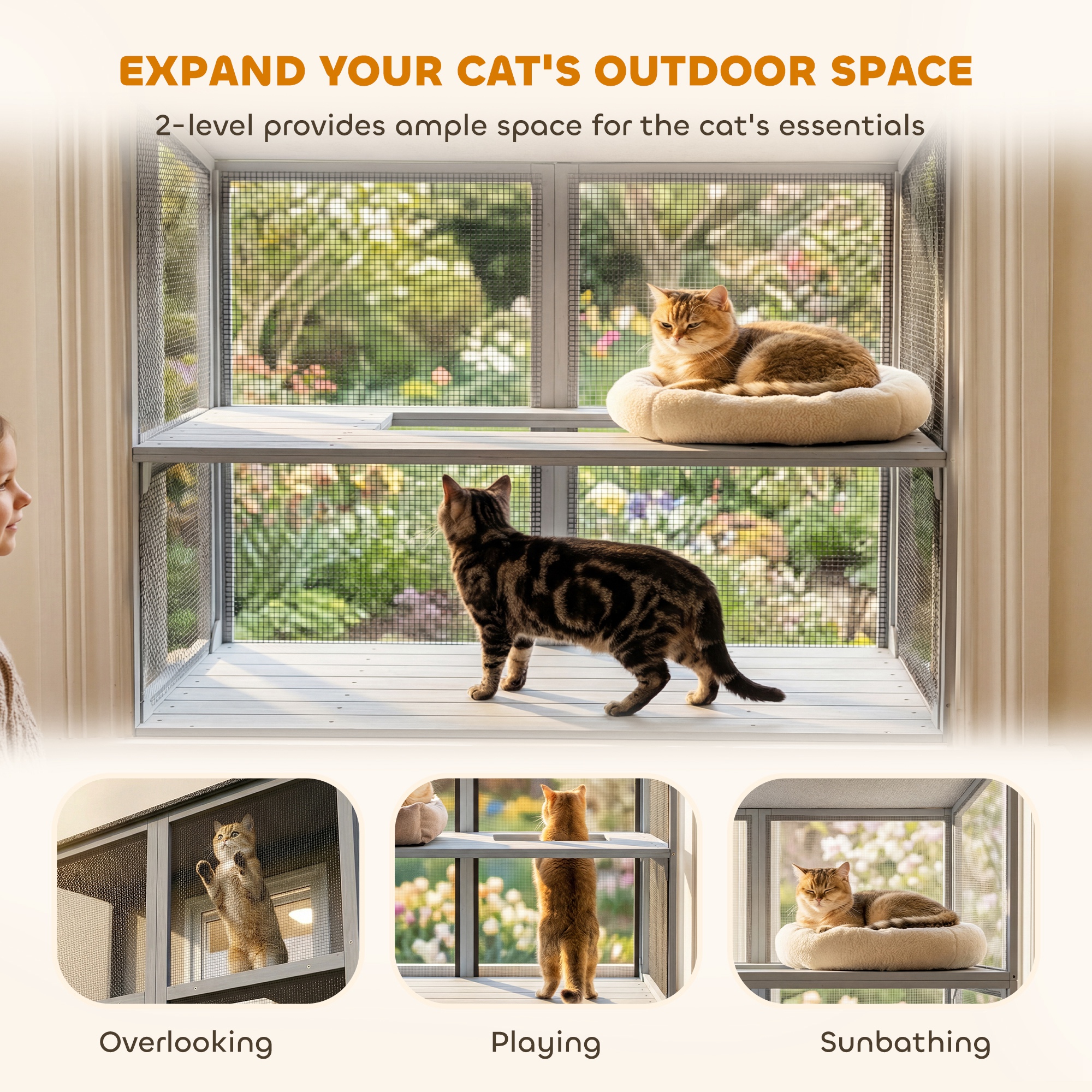 Catio Outdoor Cat Enclosure Wall-Mounted 2-Level Outdoor Cat House with Waterproof Roof 51.2" Grey